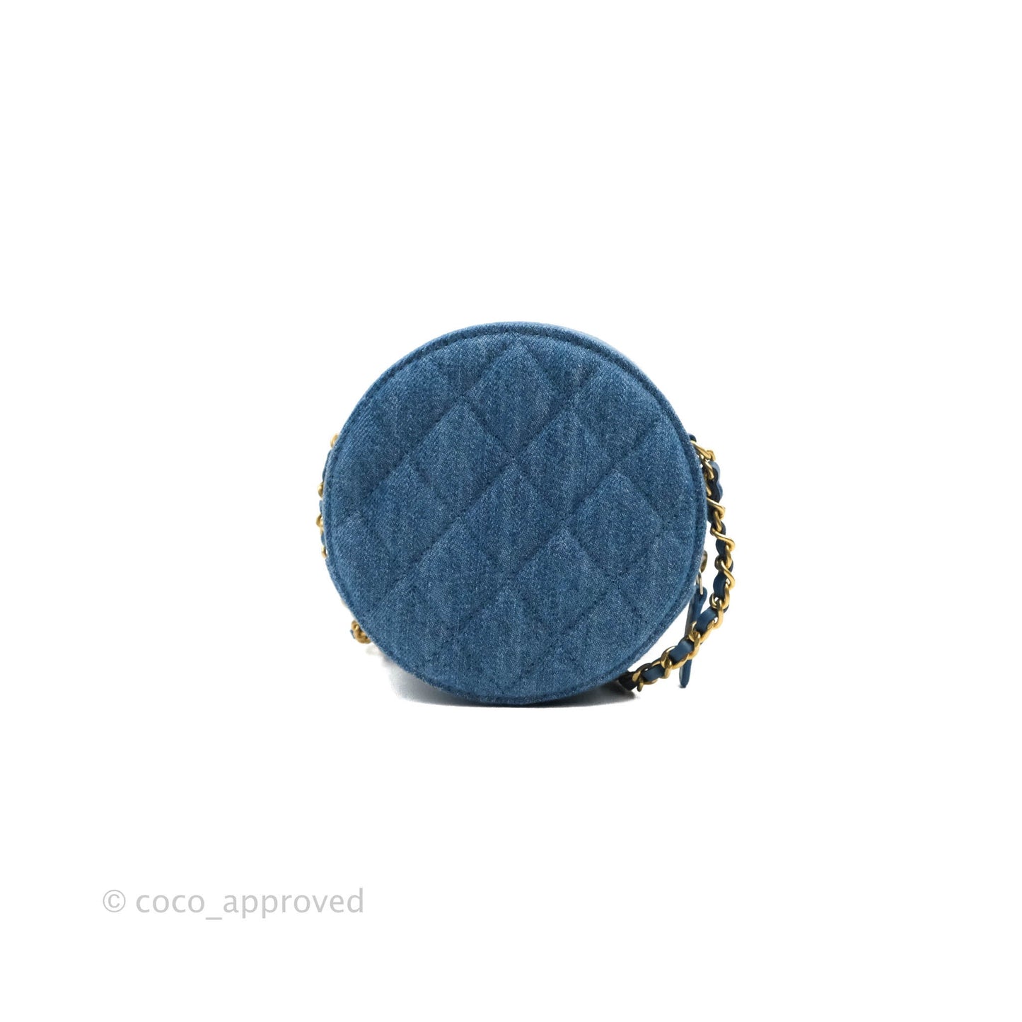 Chanel Quilted Pearl Crush Round Clutch With Chain Denim Aged Gold Hardware