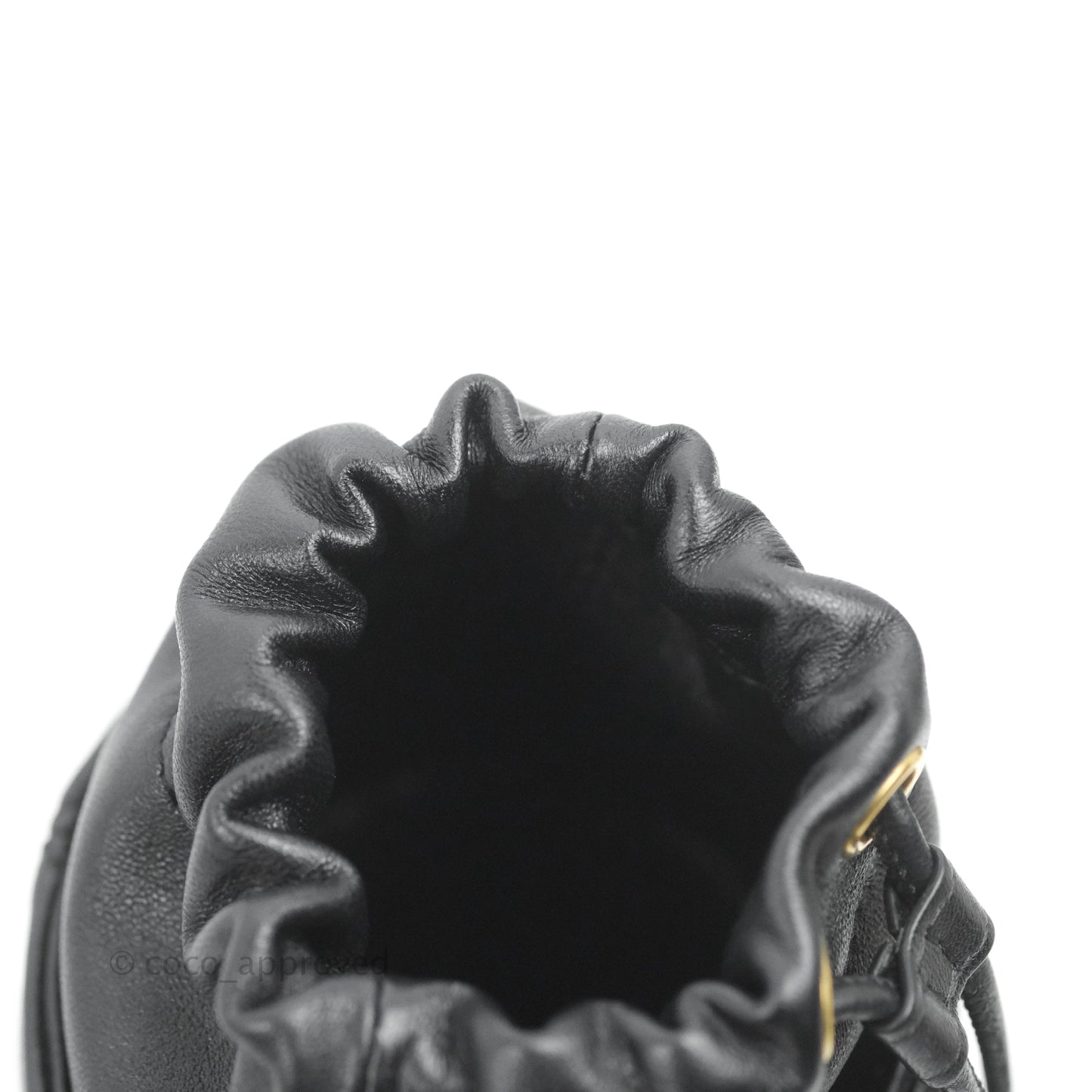 Chanel Quilted Drawstring Pearl Flower Bucket Bag Black Lambskin Aged Gold Hardware