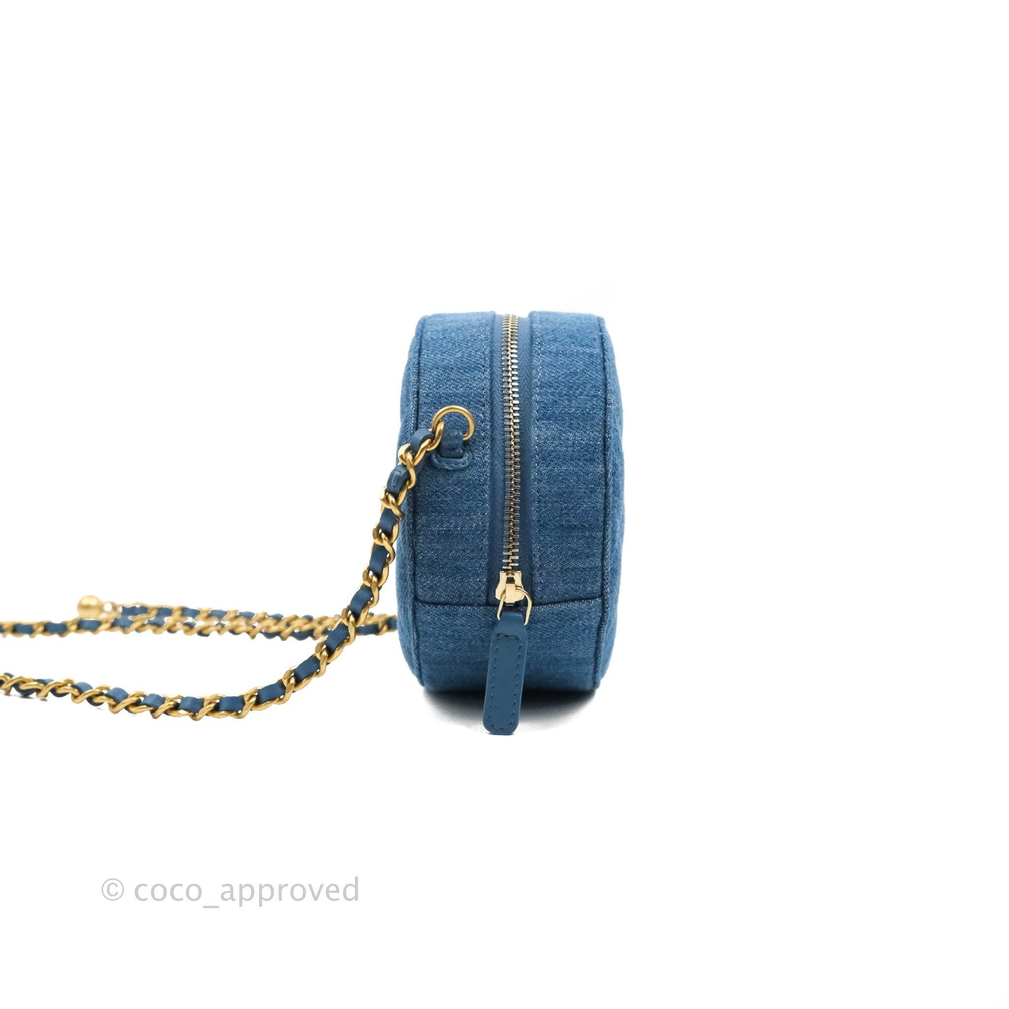 Chanel Quilted Pearl Crush Round Clutch With Chain Denim Aged Gold Hardware