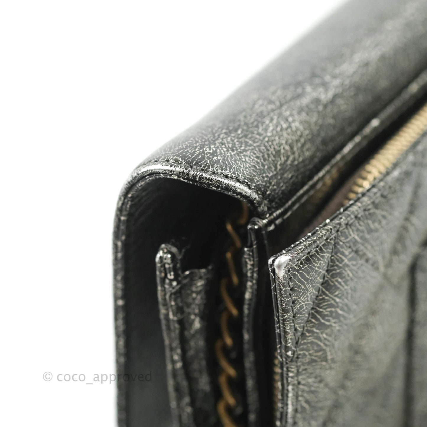 Chanel Cracked Metallic Calfskin Quilted Zip Away Chain Clutch Dark Silver Aged Gold Hardware