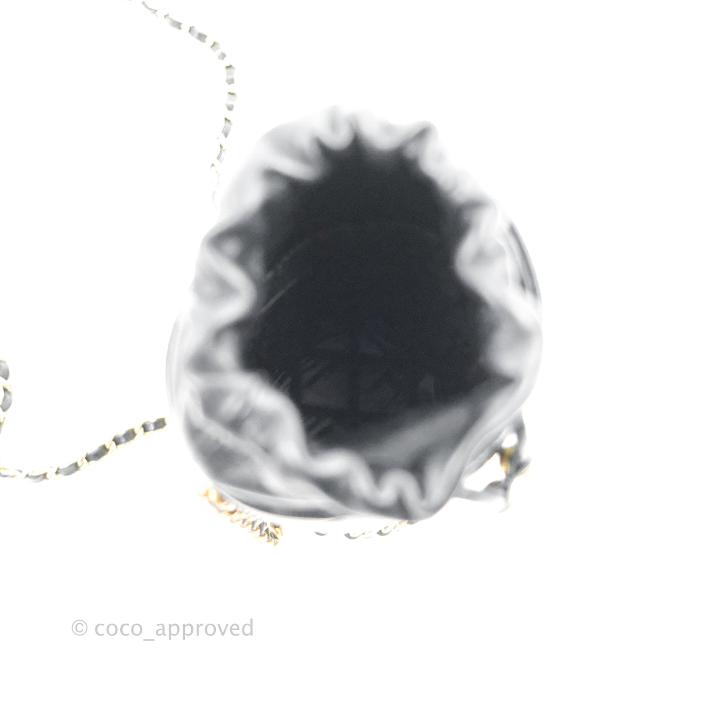Chanel Quilted Drawstring Pearl Flower Bucket Bag Black Lambskin Aged Gold Hardware