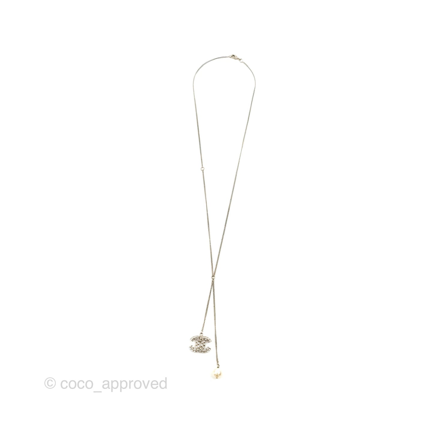 Chanel Baguette Crystal Pearl CC Lariat Necklace Silver