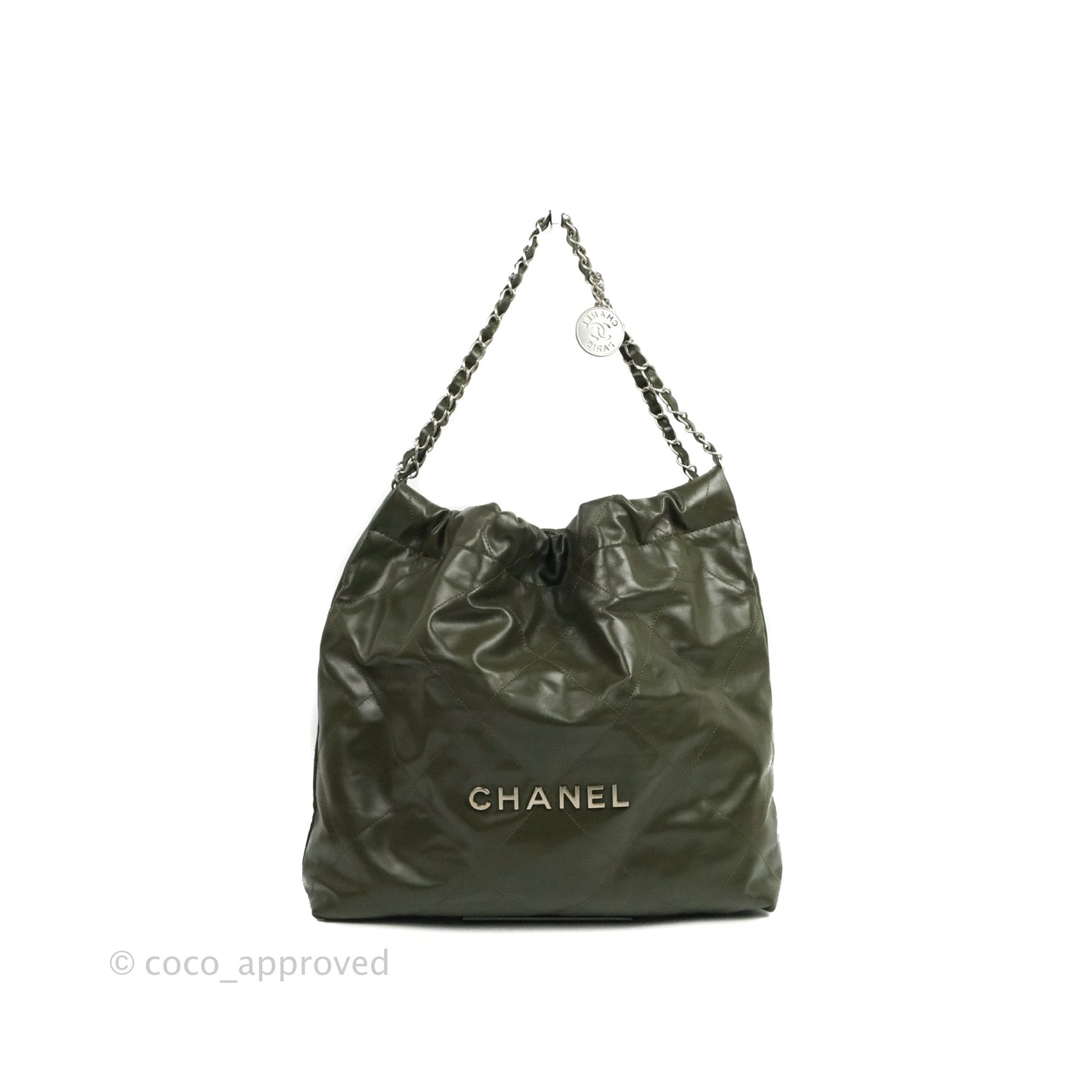 Chanel 22 Medium Army Green Shiny Calfskin Ruthenium Hardware