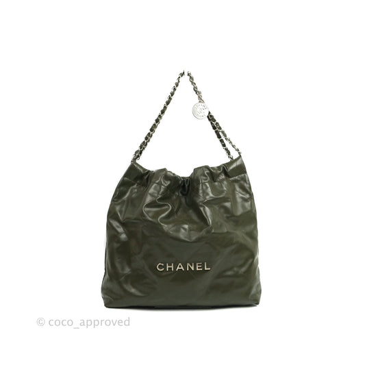 Chanel 22 Medium Army Green Shiny Calfskin Ruthenium Hardware