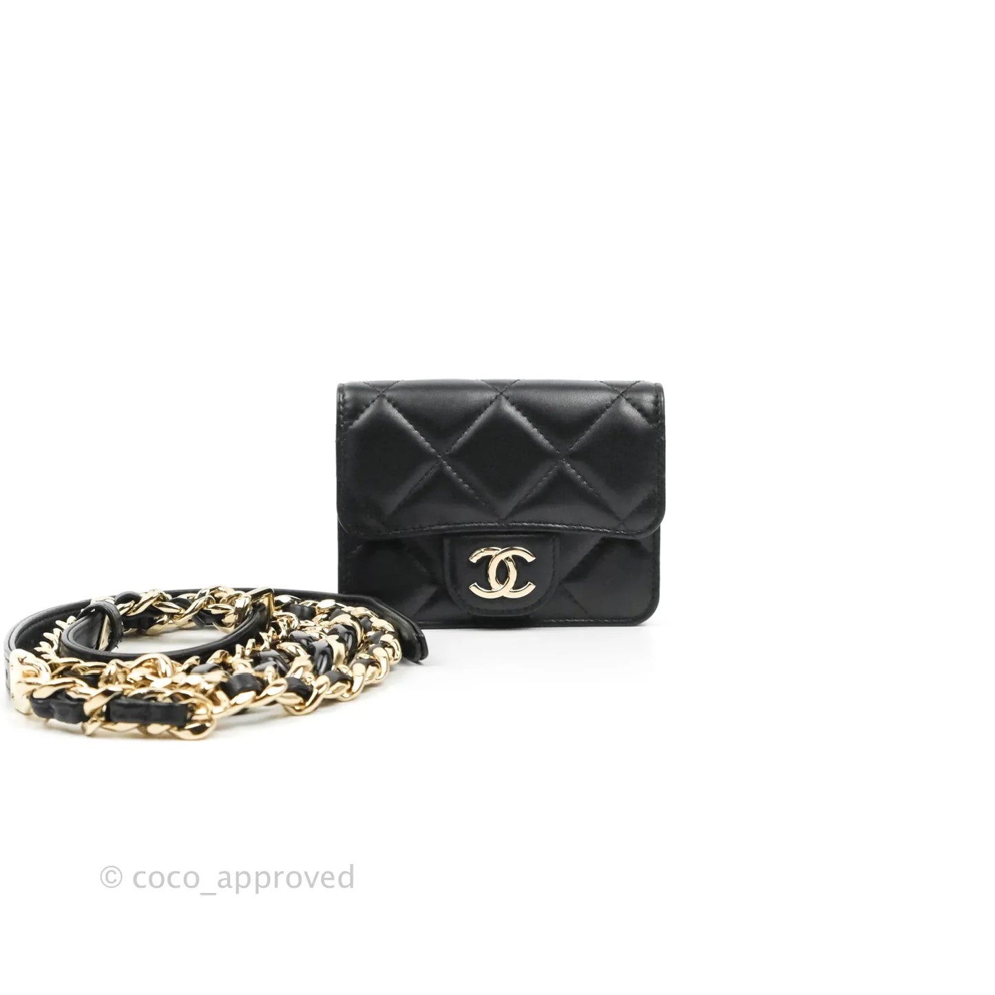 Chanel Resin Bi-Color Chain Mini Card Holder Belt Bag Black Lambskin Gold Hardware