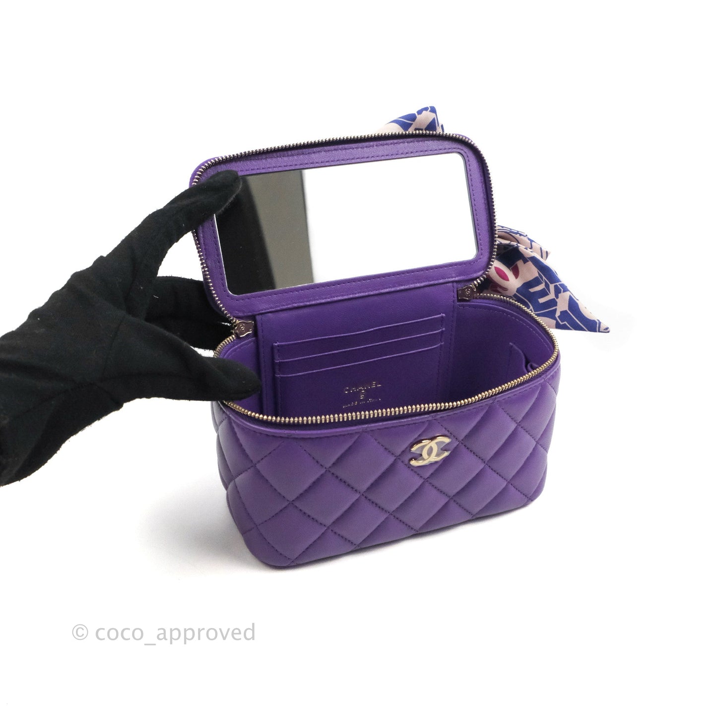 Chanel Vanity Rectangular Top Handle Purple Lambskin Gold Hardware with Twilly