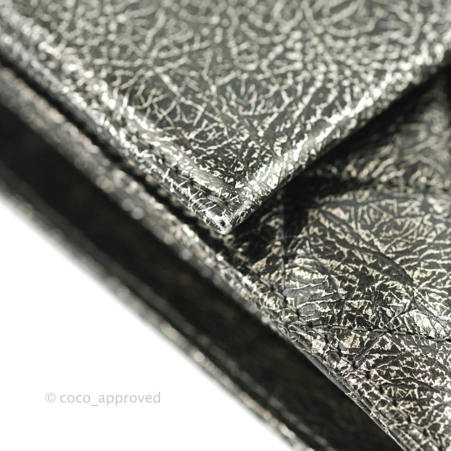 Chanel Cracked Metallic Calfskin Quilted Zip Away Chain Clutch Dark Silver Aged Gold Hardware