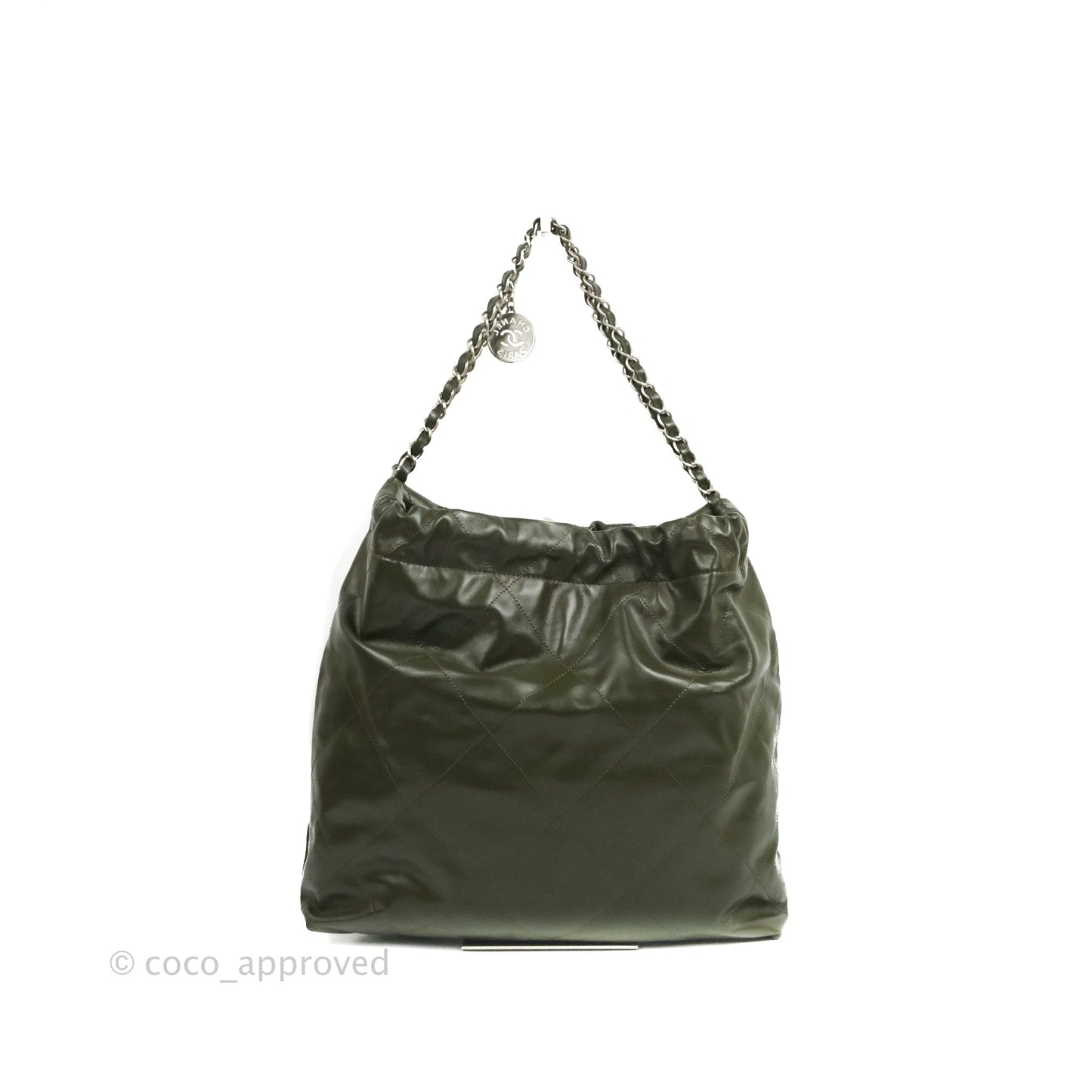 Chanel 22 Medium Army Green Shiny Calfskin Ruthenium Hardware