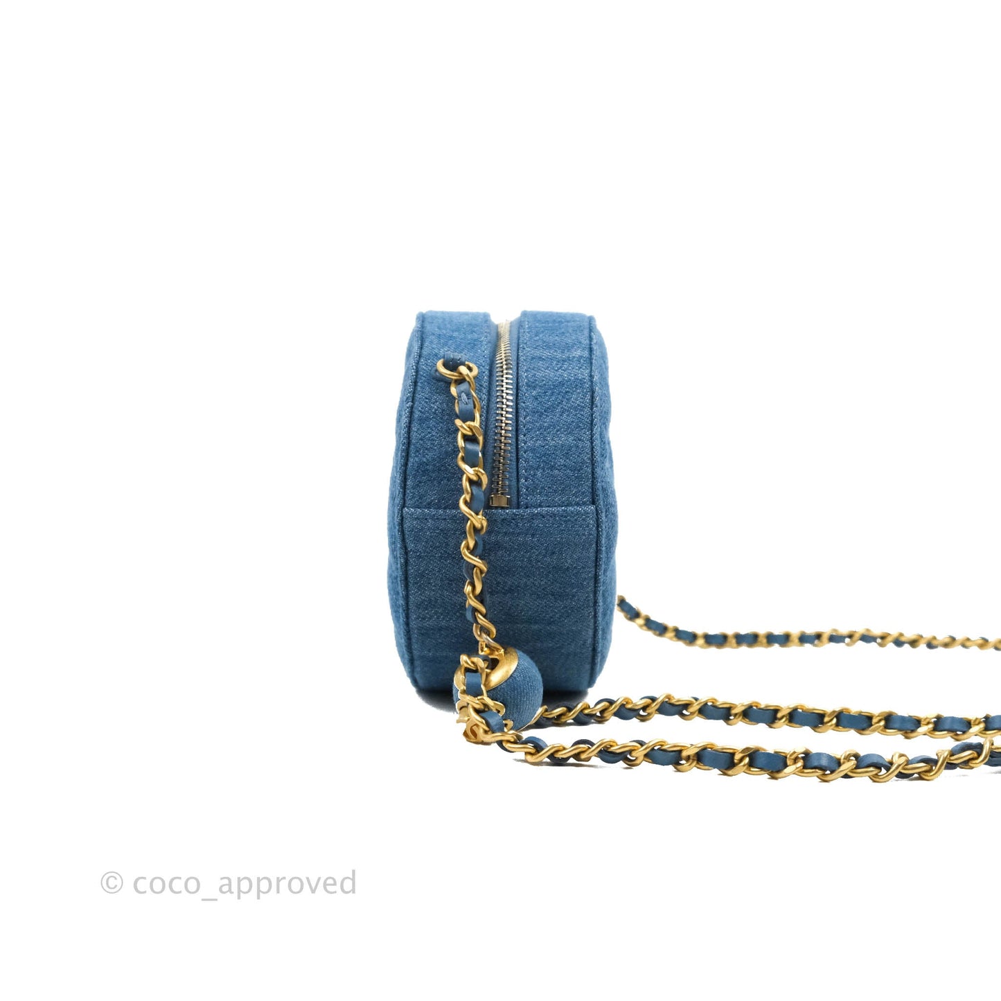 Chanel Quilted Pearl Crush Round Clutch With Chain Denim Aged Gold Hardware