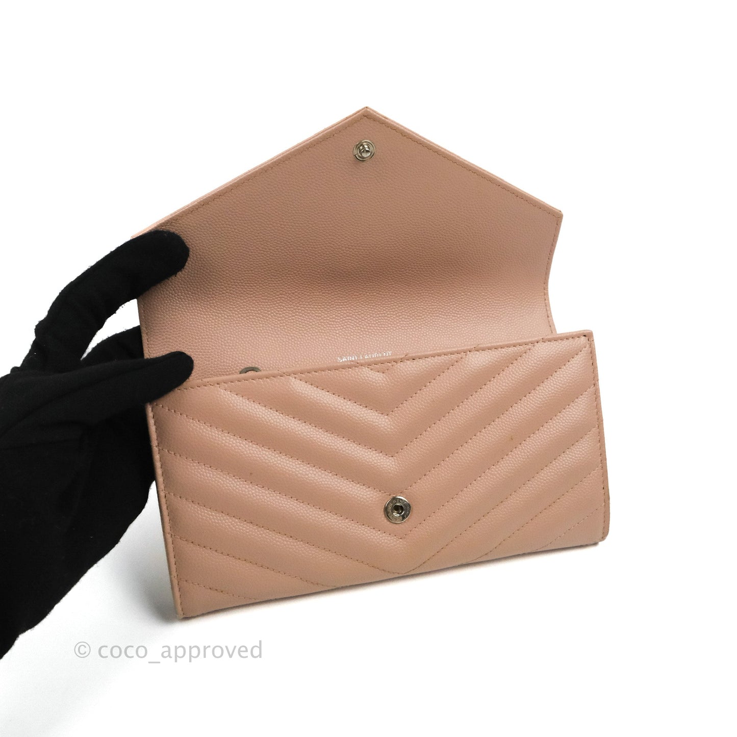 Saint Laurent Quilted Envelope Wallet Pink Grained Leather Silver Hardware