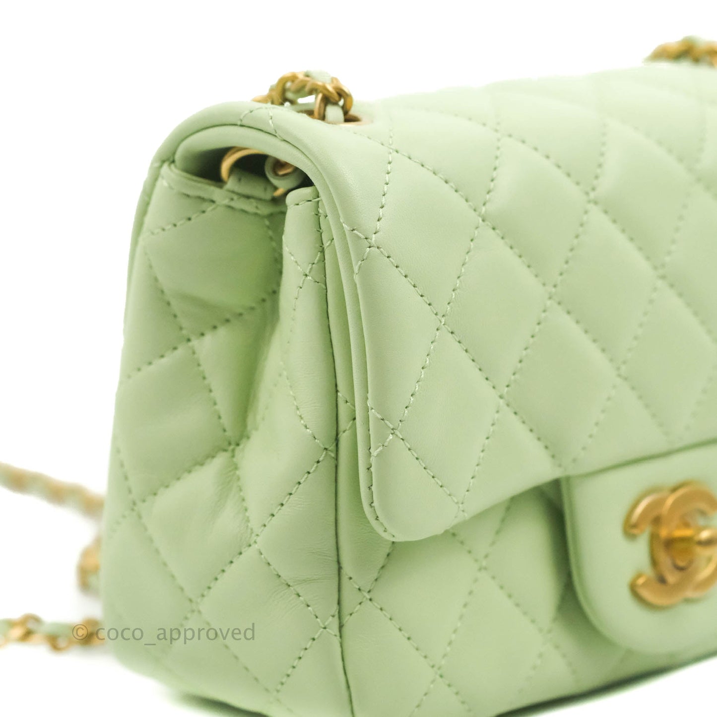 Chanel Mini Square Pearl Crush Quilted Avocado Green Lambskin Aged Gold Hardware