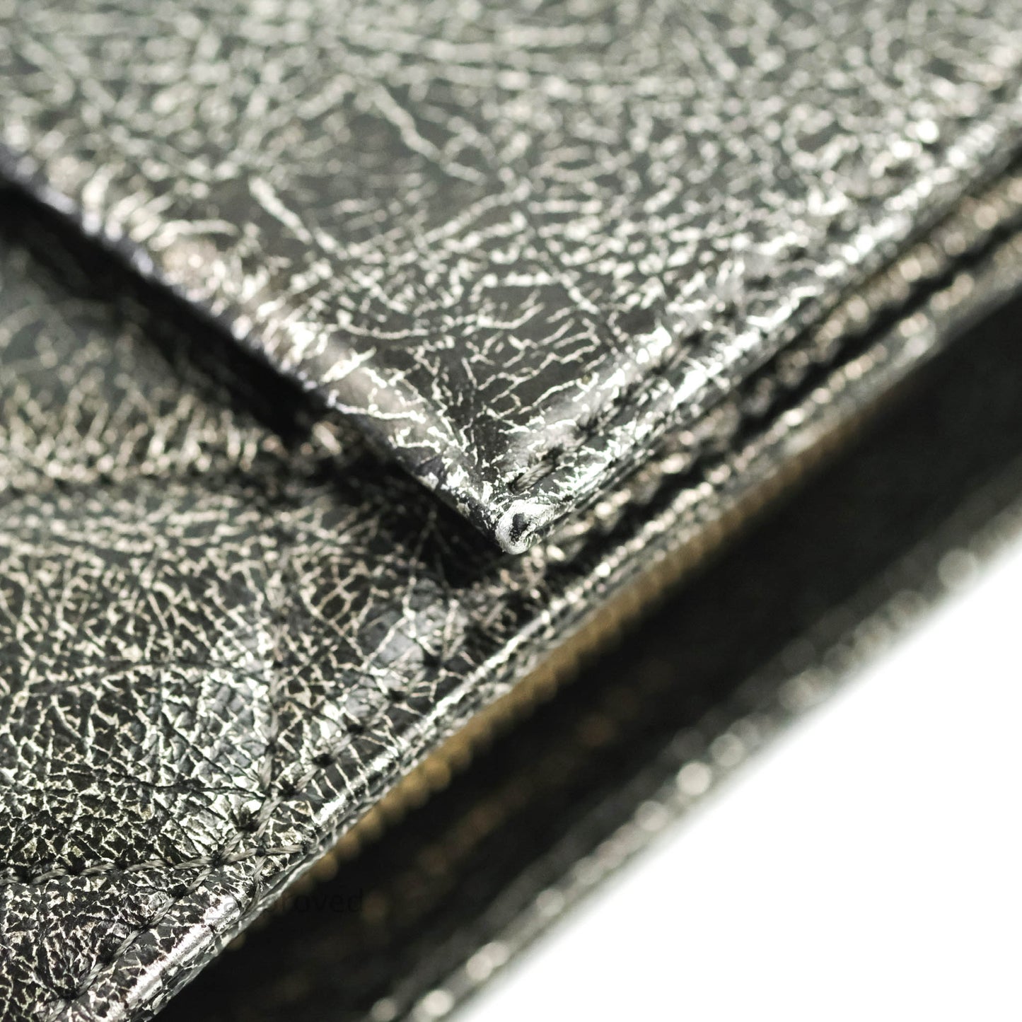 Chanel Cracked Metallic Calfskin Quilted Zip Away Chain Clutch Dark Silver Aged Gold Hardware