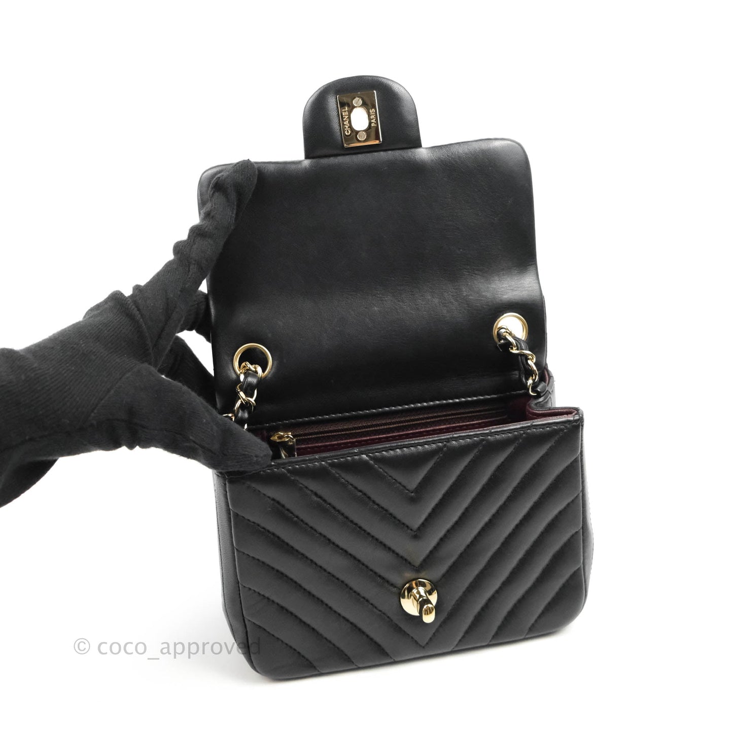 Chanel Mini Square Black Chevron Lambskin Gold Hardware