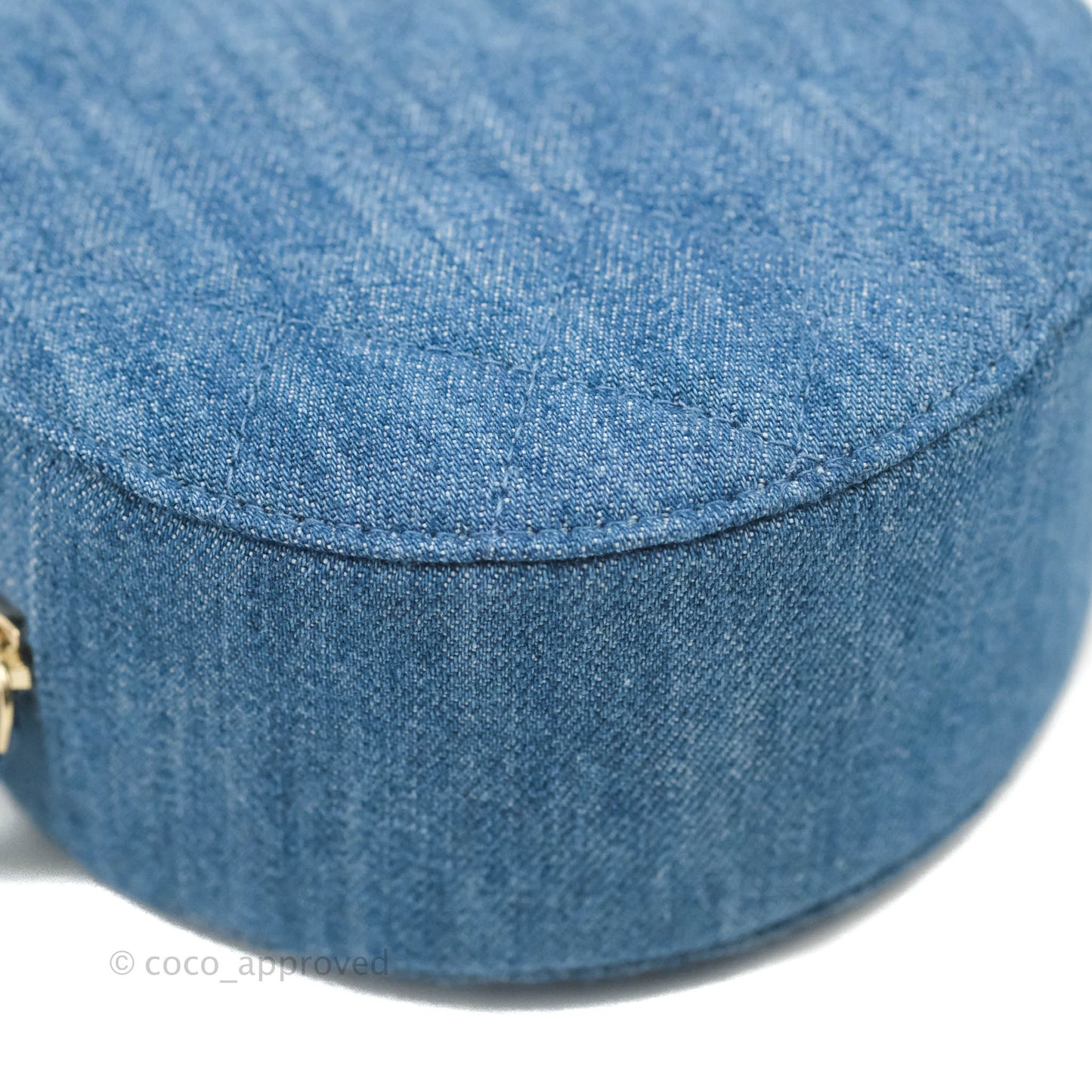 Chanel Quilted Pearl Crush Round Clutch With Chain Denim Aged Gold Hardware