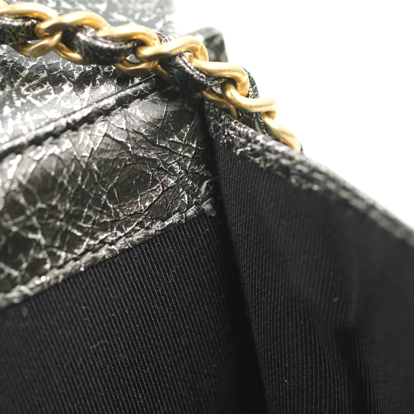 Chanel Cracked Metallic Calfskin Quilted Zip Away Chain Clutch Dark Silver Aged Gold Hardware