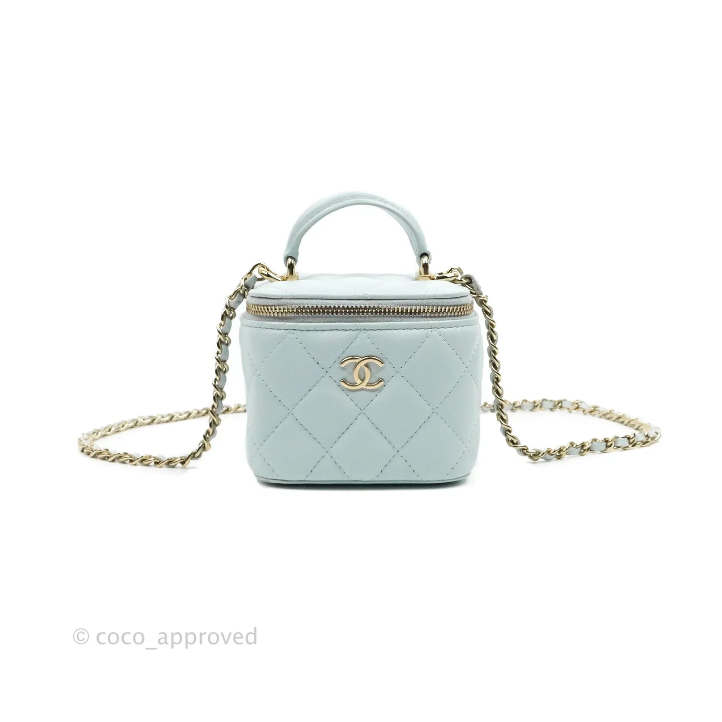 Chanel Mini Top Handle Vanity With Chain Light Blue Lambskin Gold Hardware