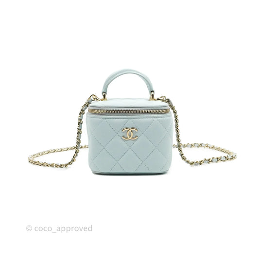 Chanel Mini Top Handle Vanity With Chain Light Blue Lambskin Gold Hardware