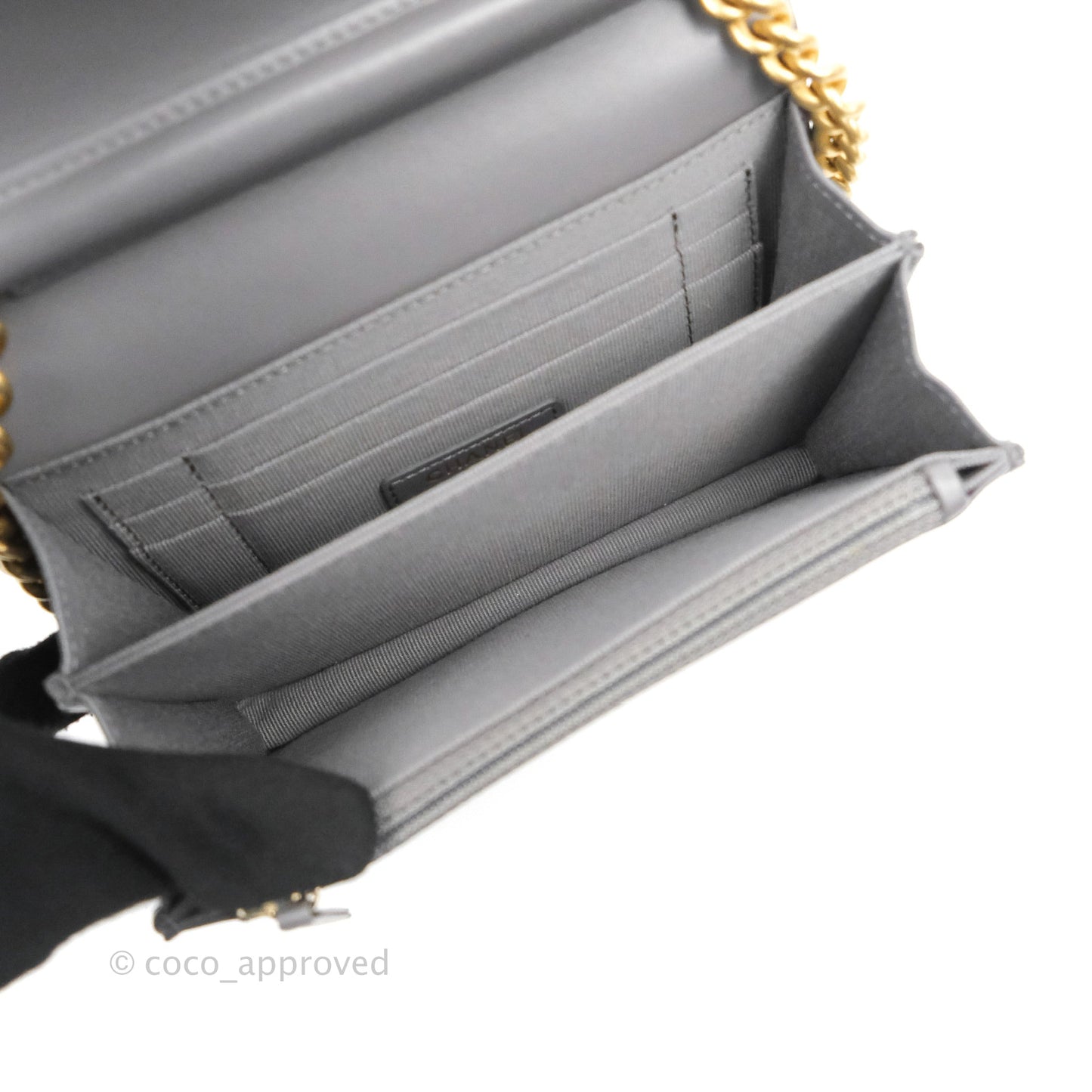 Chanel Quilted Mini Boy Wallet on Chain WOC Dark Grey Caviar Aged Gold Hardware