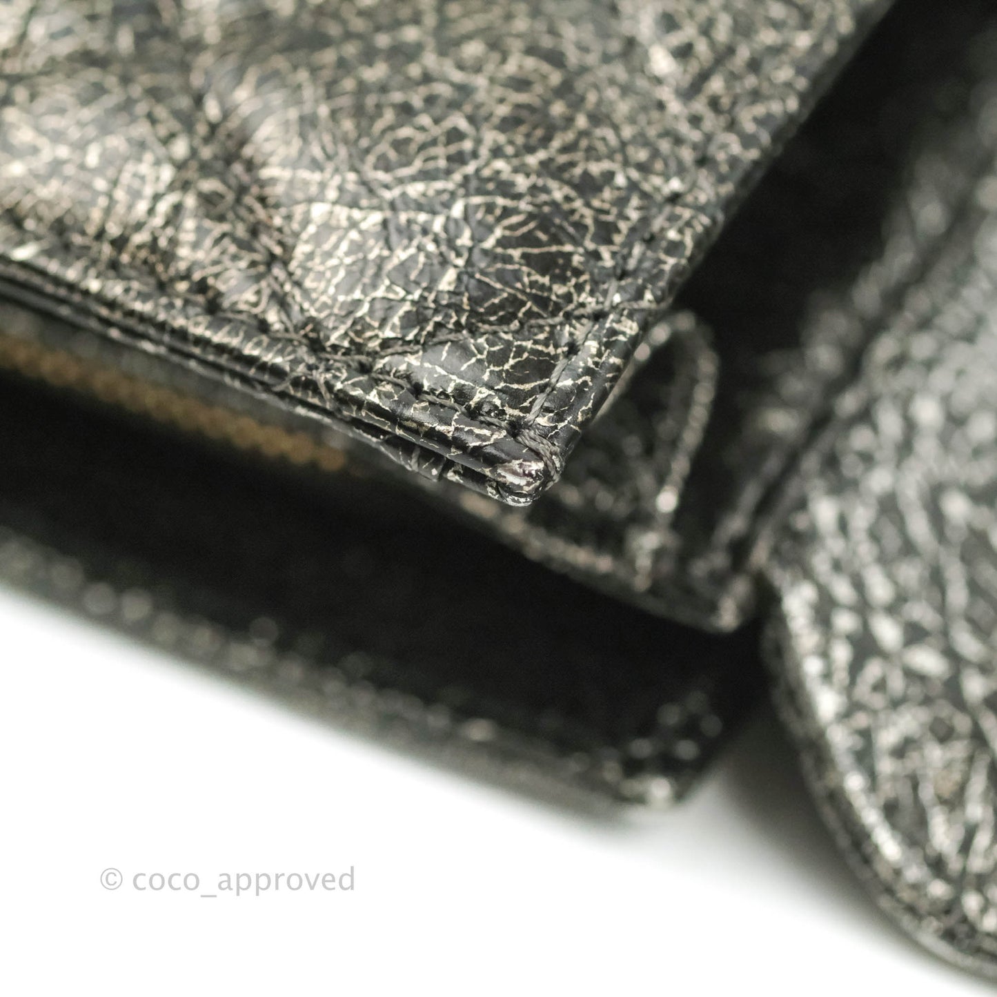 Chanel Cracked Metallic Calfskin Quilted Zip Away Chain Clutch Dark Silver Aged Gold Hardware