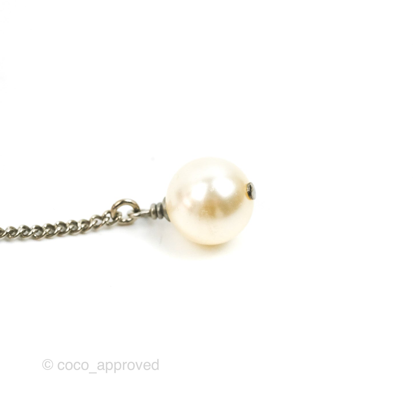 Chanel Baguette Crystal Pearl CC Lariat Necklace Silver