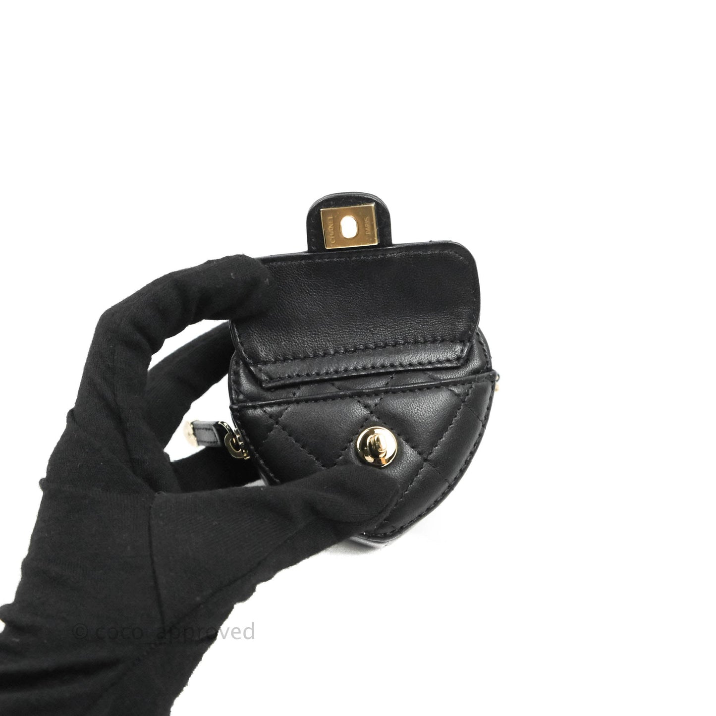 Chanel Small Heart Coin Purse Necklace Black Lambskin Gold Hardware 22S