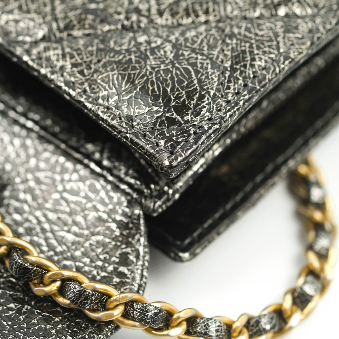 Chanel Cracked Metallic Calfskin Quilted Zip Away Chain Clutch Dark Silver Aged Gold Hardware