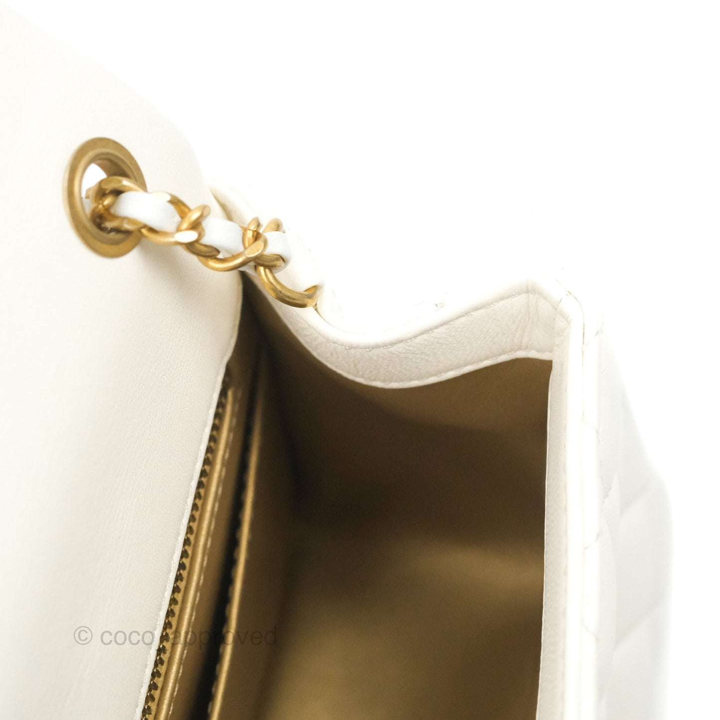 Chanel Mini Square Pearl Crush Quilted White Lambskin Aged Gold Hardware