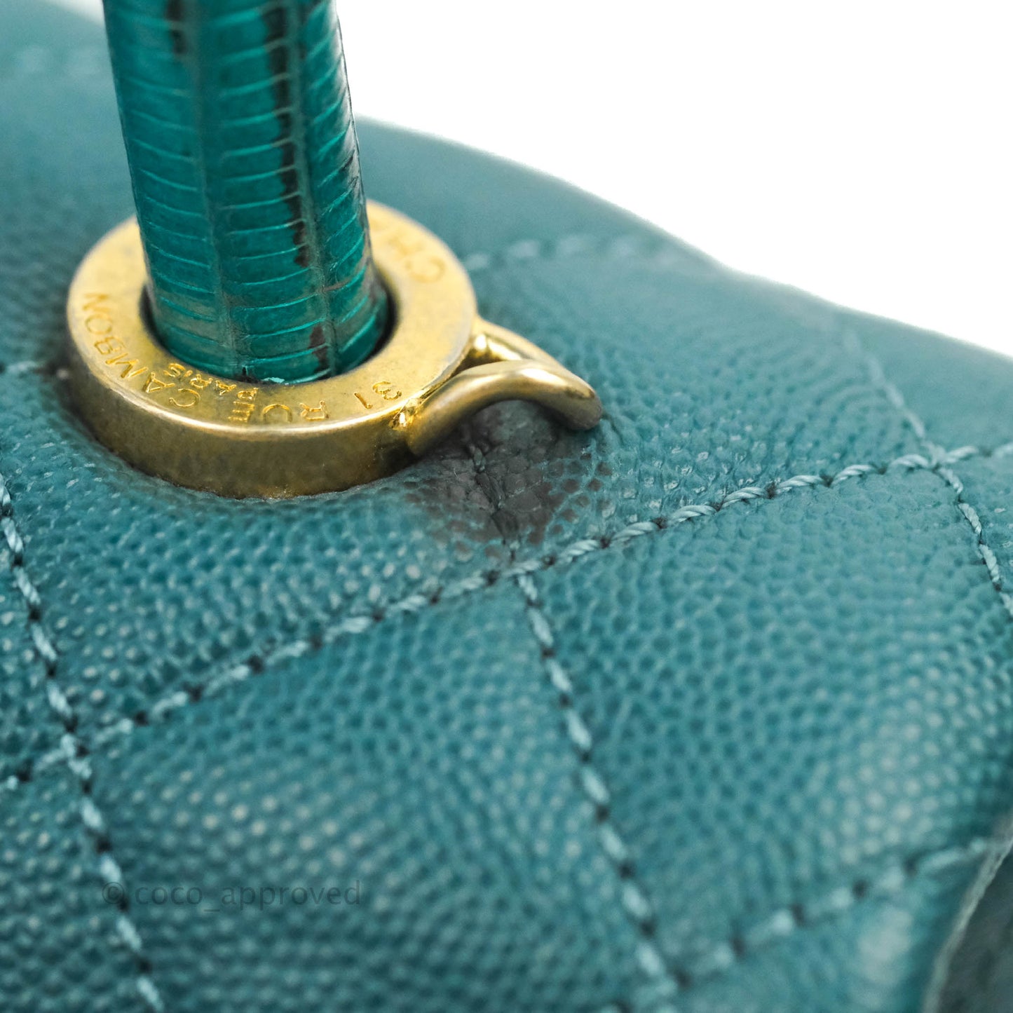 Chanel Medium Coco Handle Quilted Teal Caviar Lizard Handle Aged Gold Hardware