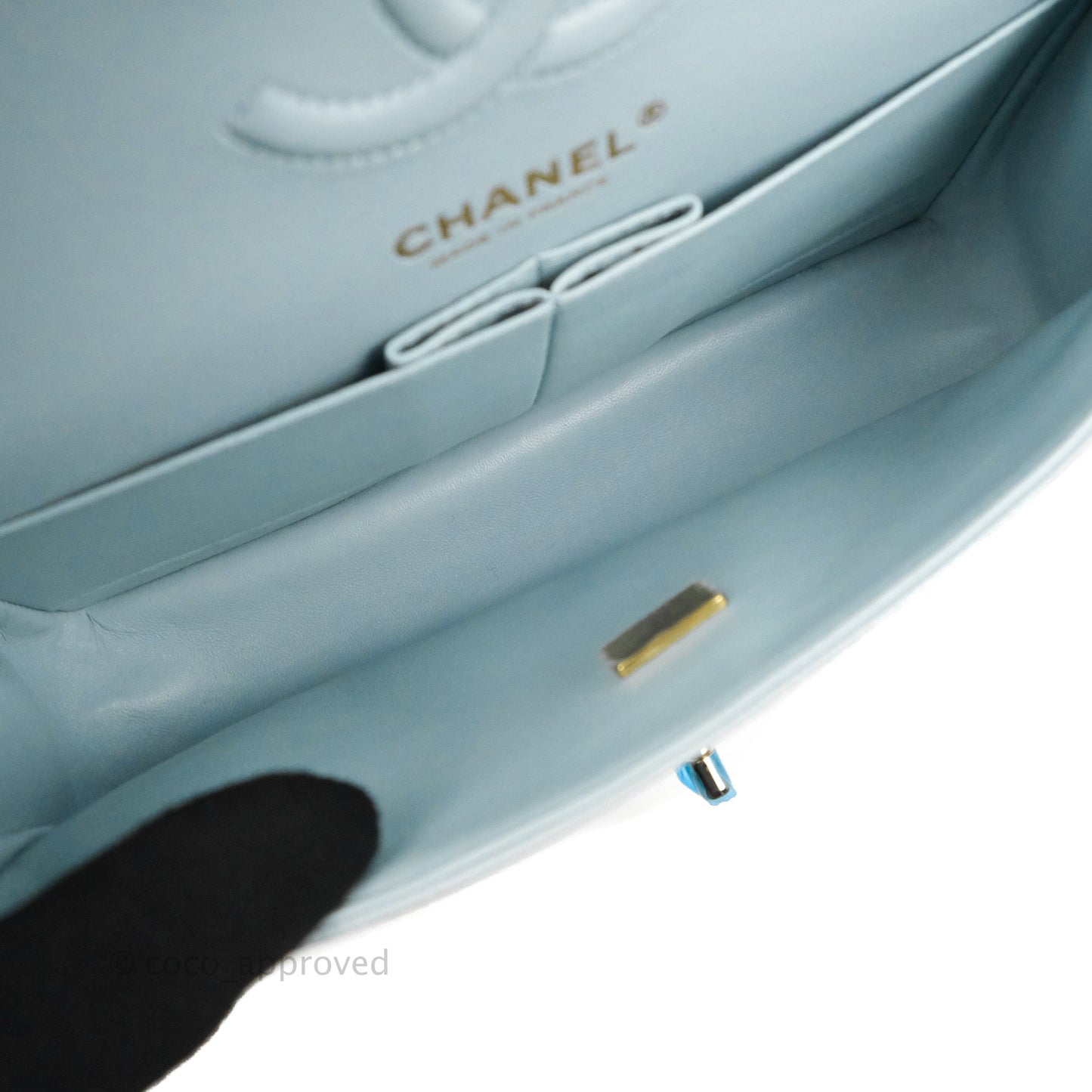 Chanel Small Classic Quilted Flap Light Blue Caviar Gold Hardware
