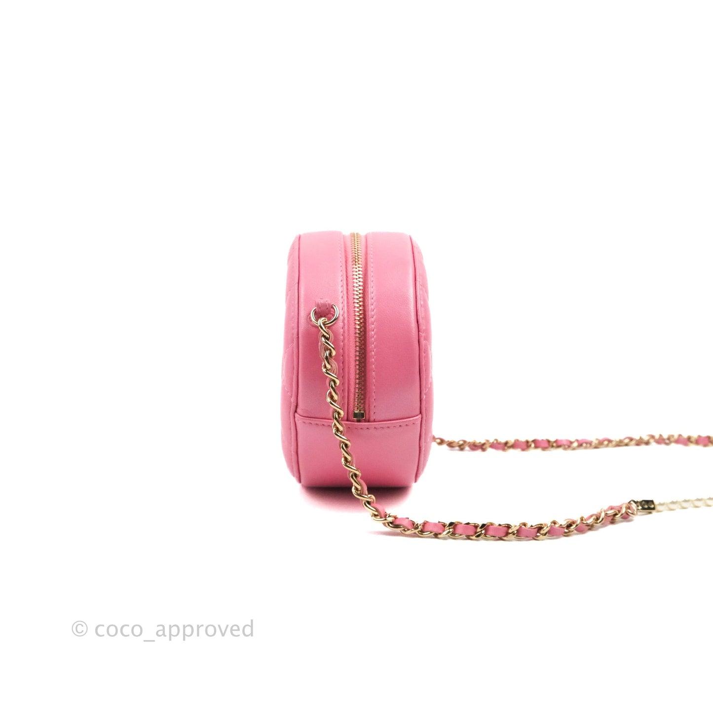 Chanel Quilted Round Clutch With Pearl Chain Iridescent Pink Lambskin Gold Hardware
