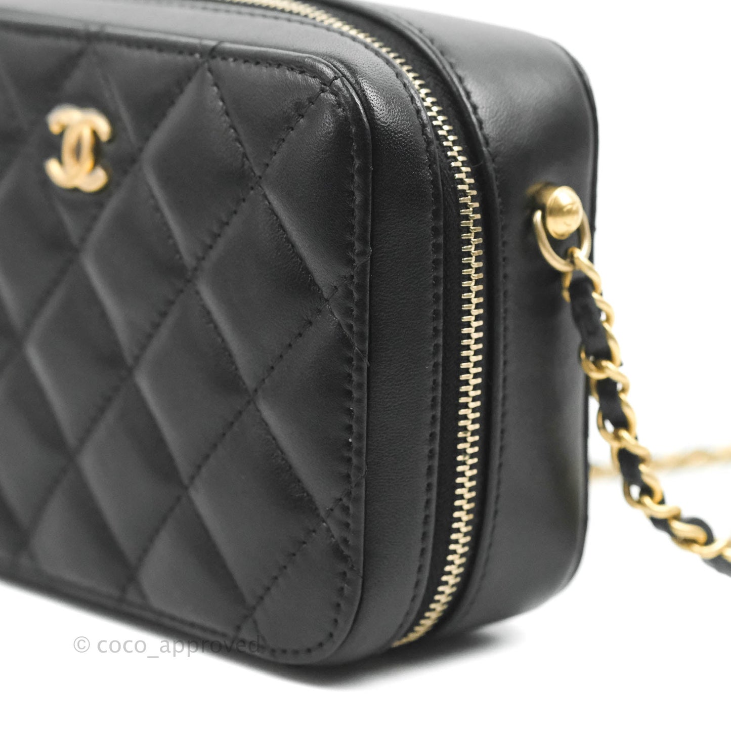 Chanel Mini Pearl Crush Quilted Camera Case Black Lambskin Aged Gold Hardware