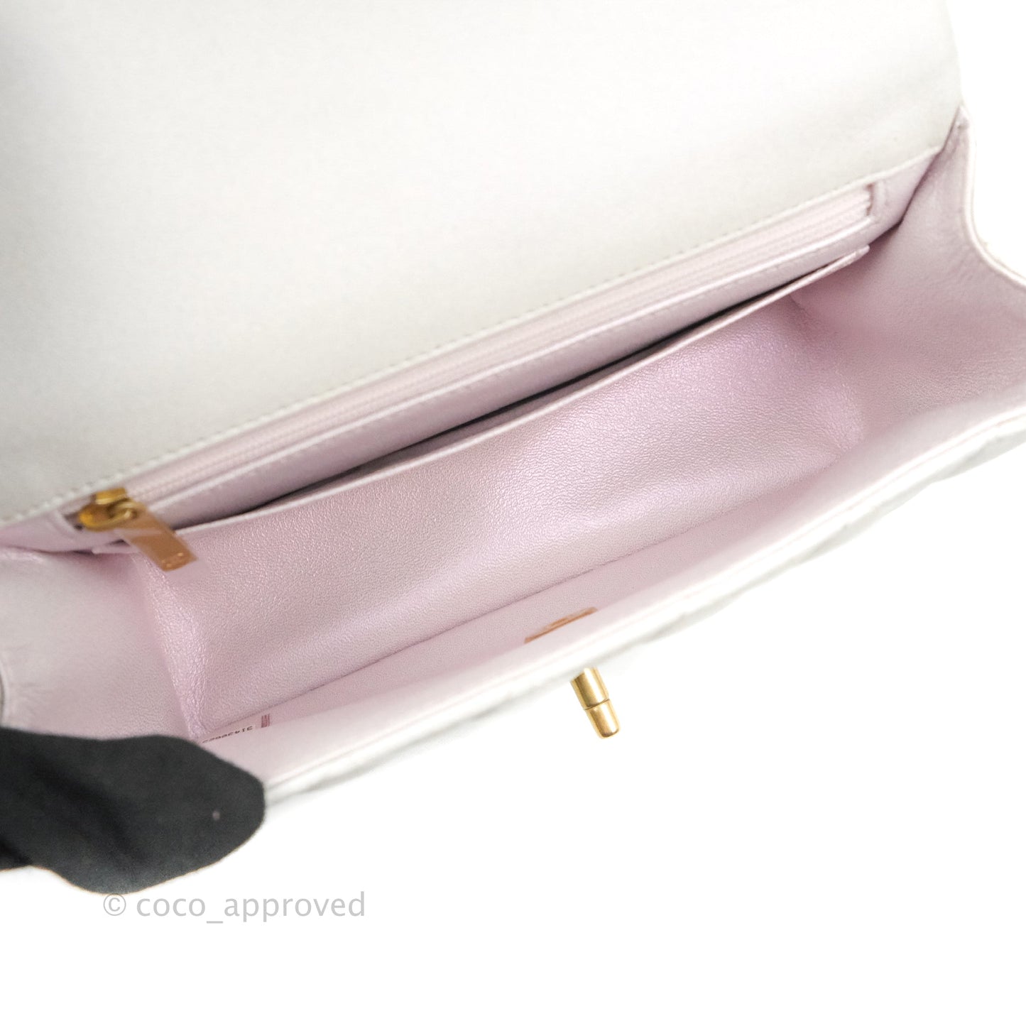Chanel Top Handle Mini Rectangular Flap Bag Iridescent White Lambskin Aged Gold Hardware