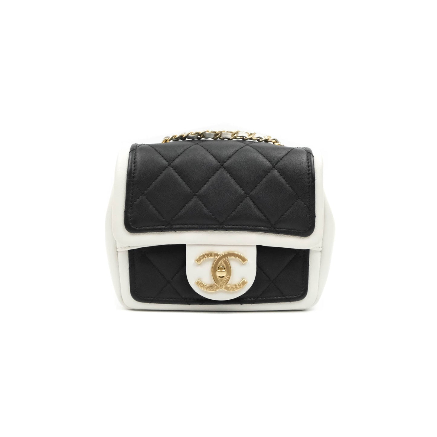 Chanel Quilted Graphic Mini Flap Bag Black White Gold Hardware