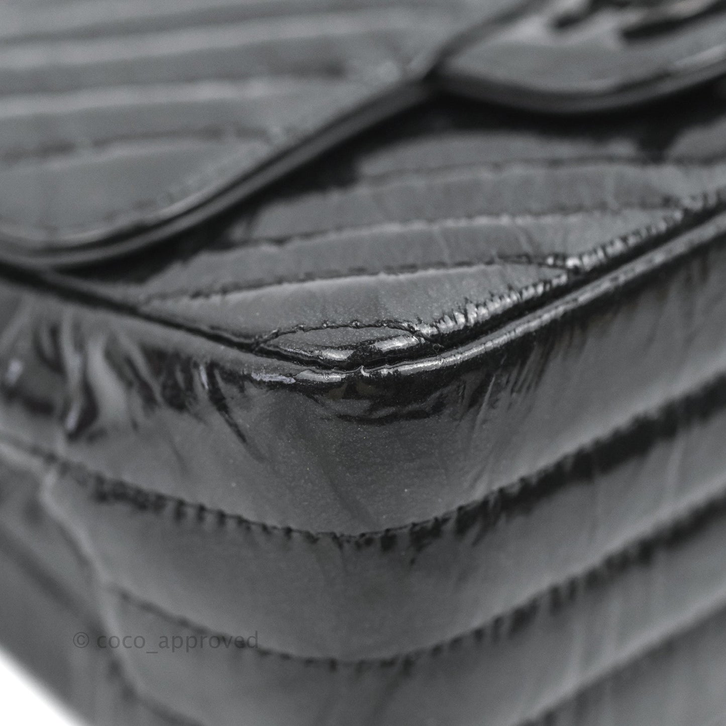 Chanel Mini Square Chevron Flap Black Crumpled Metallic Patent So Black