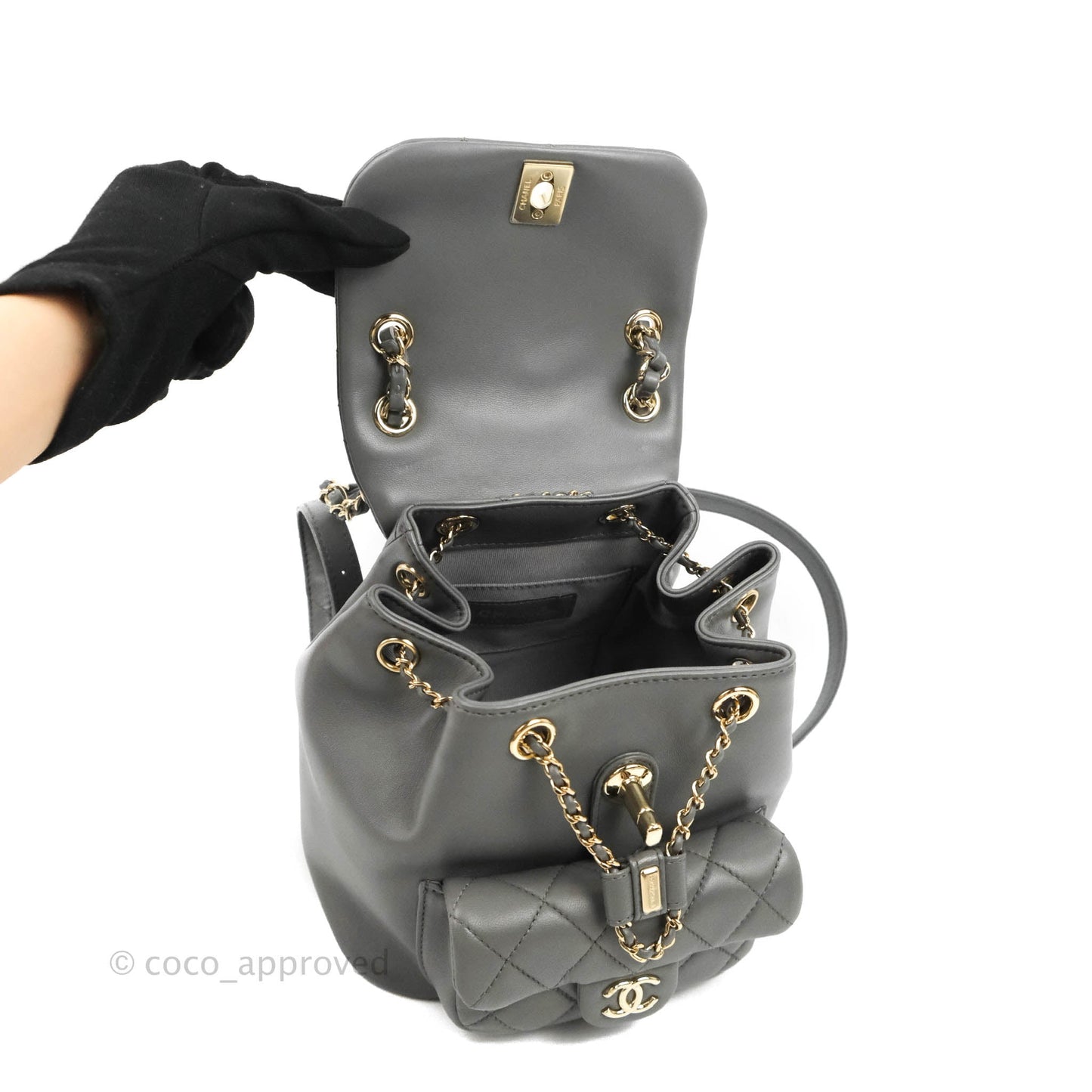 Chanel Quilted Small Duma Drawstring Backpack Grey Lambskin Gold Hardware 22A