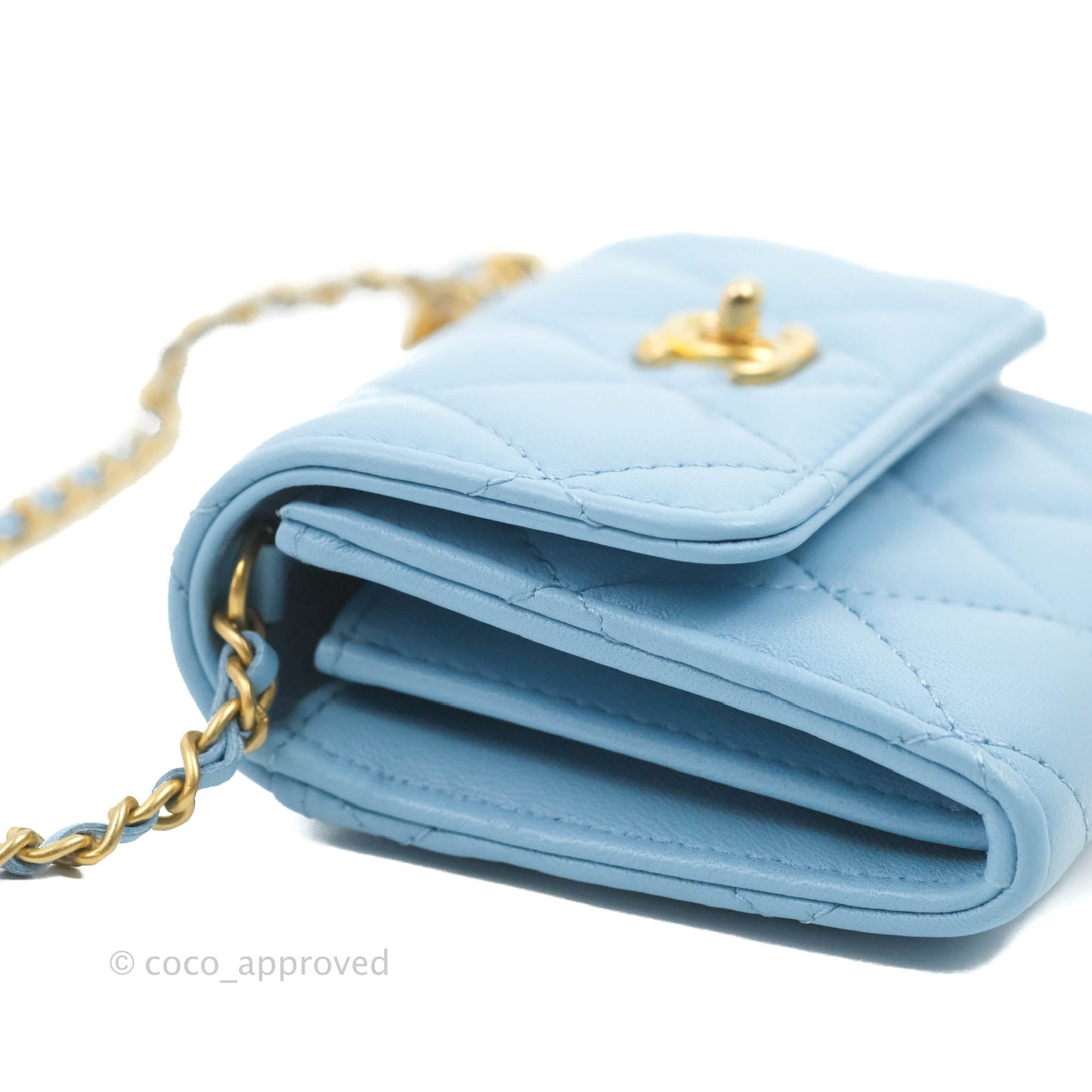 Chanel Pearl Crush Mini Clutch With Chain Blue Lambskin Aged Gold Hardware