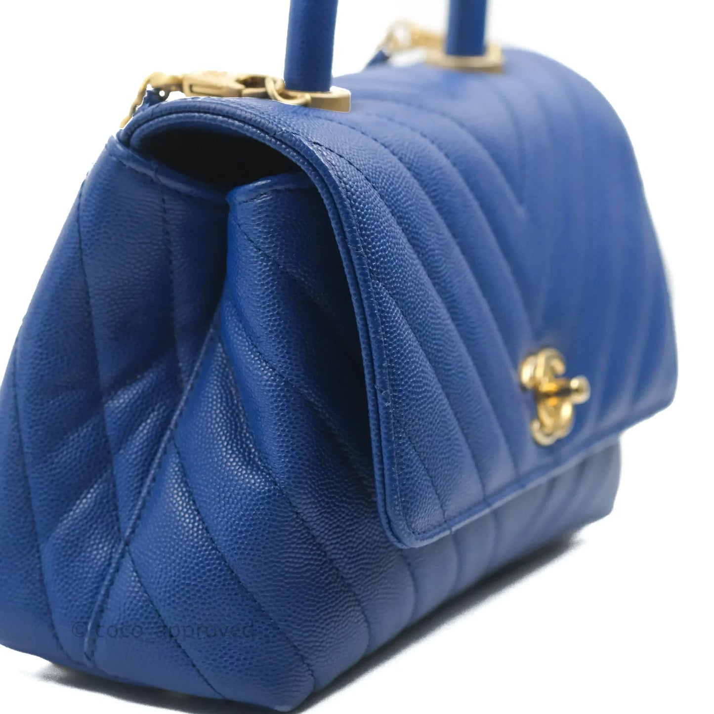 Chanel Small Coco Handle Chevron Blue Caviar Aged Gold Hardware