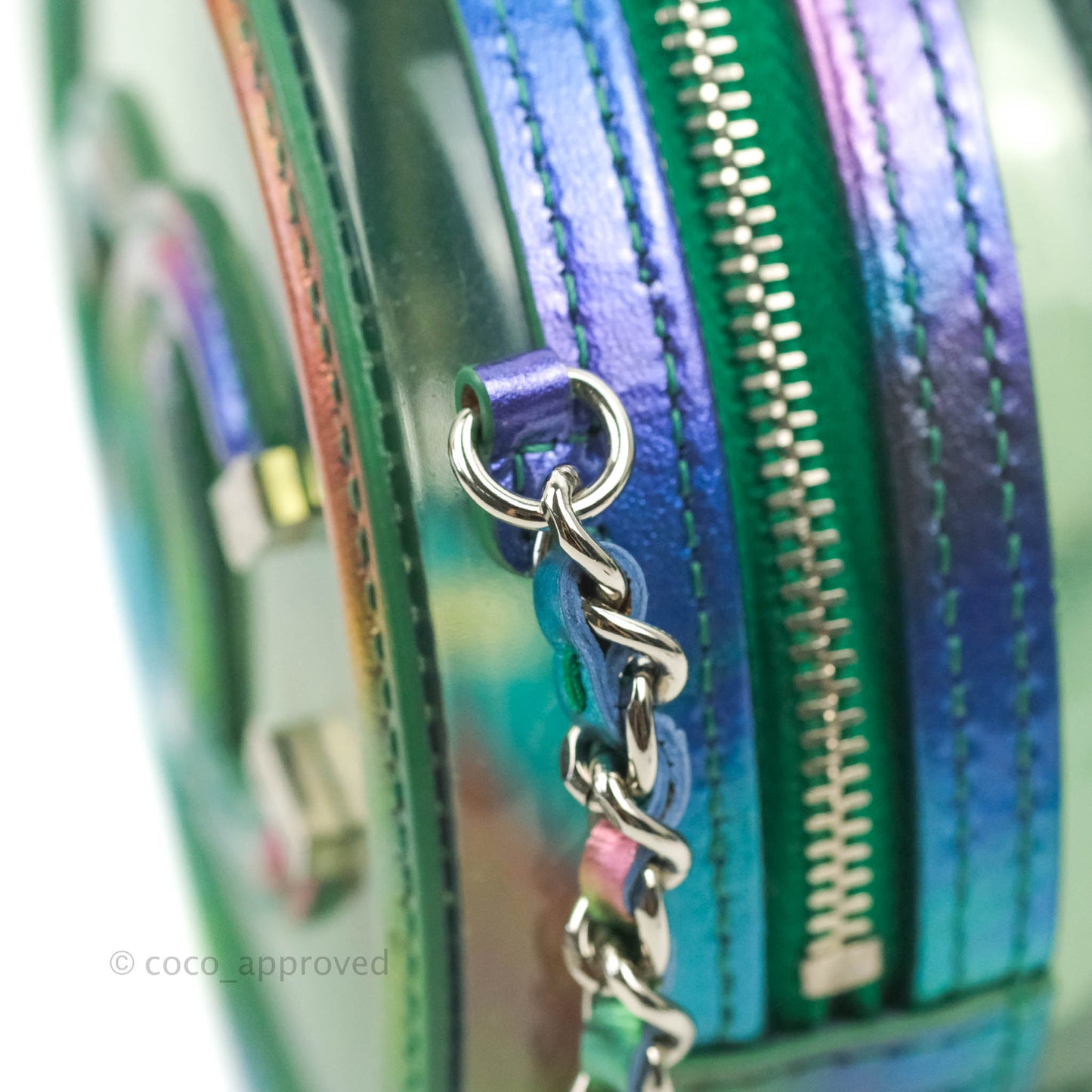 Chanel Filigree Rainbow Green PVC Round Clutch With Chain Silver Hardware 20C