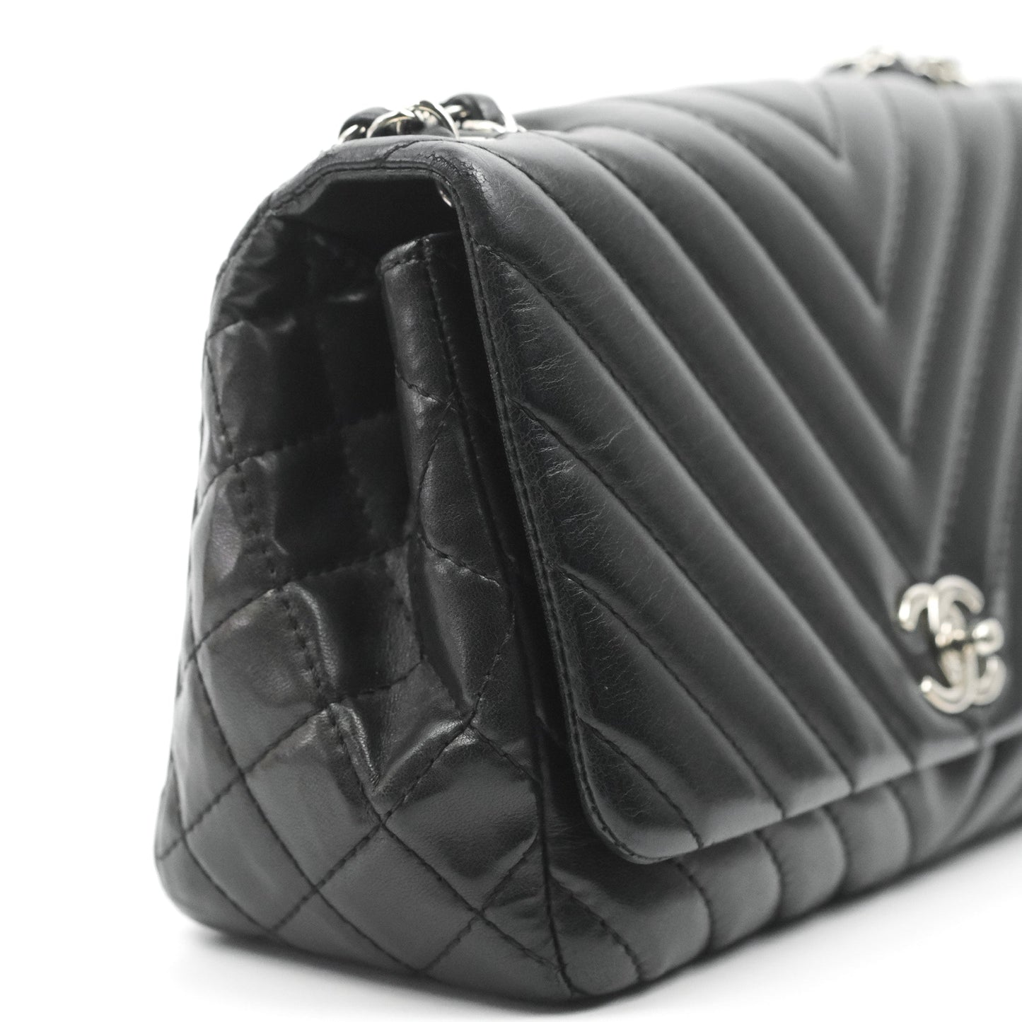 Chanel Surpique Chevron Medium Flap Black Silver Hardware