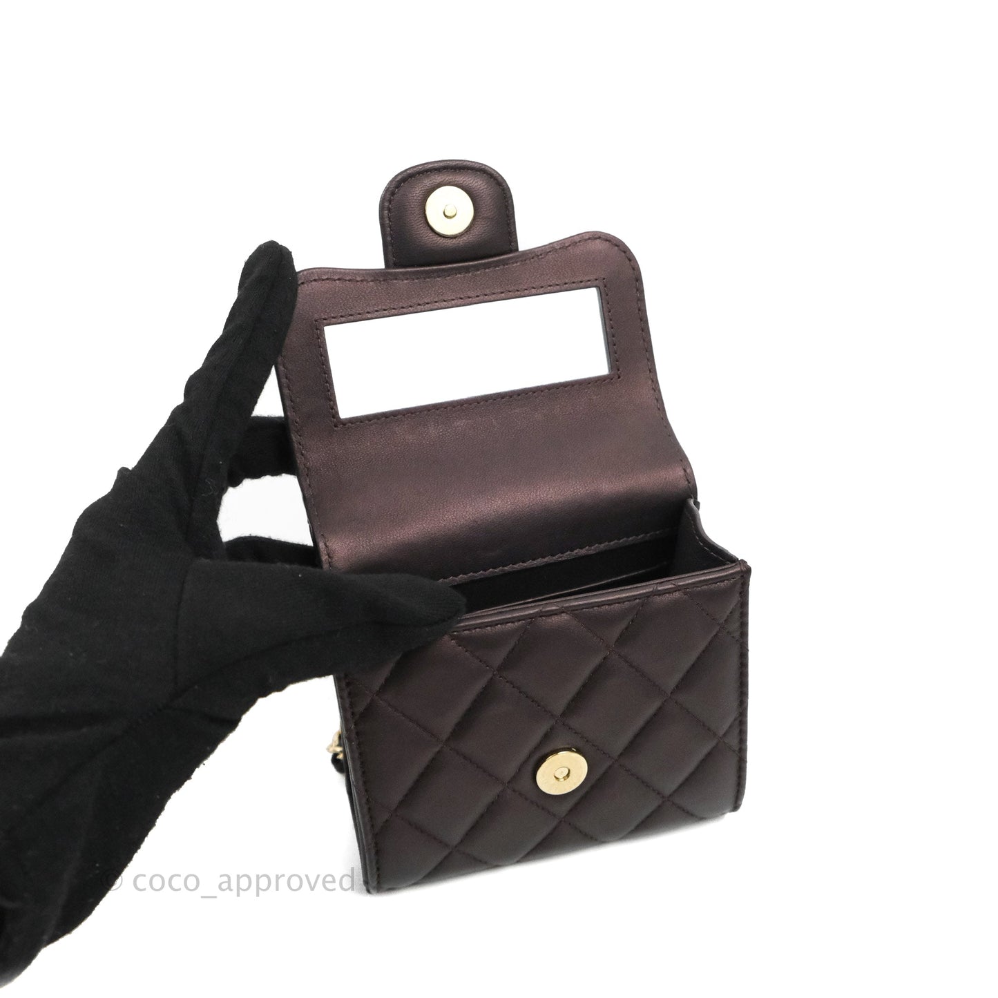 Chanel Mini Handle Clutch With Chain Iridescent Purple Lambskin Gold Hardware