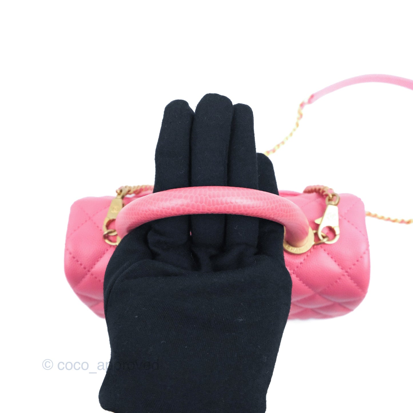 Chanel Small Coco Handle Quilted Pink Caviar Aged Gold Hardware Lizard Embossed Handle