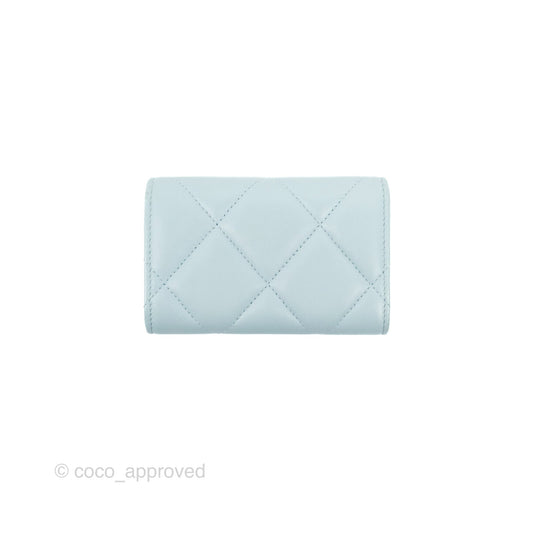 Chanel 19 Quilted Flap Card Holder Light Blue Lambskin