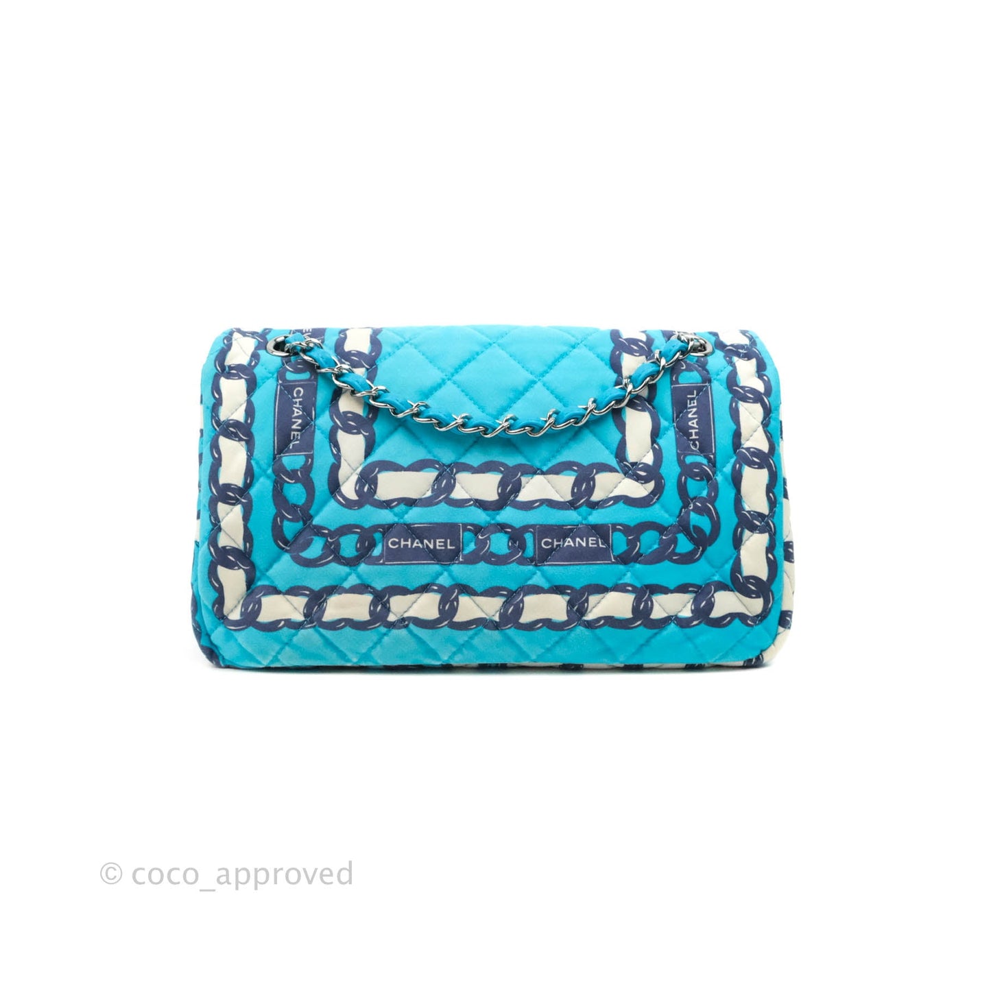Chanel Medium Single Flap Chain Printed in Blue Silk Gun Metal