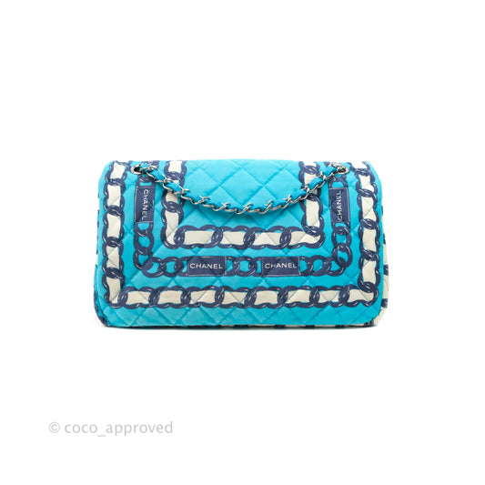 Chanel Medium Single Flap Chain Printed in Blue Silk Gun Metal