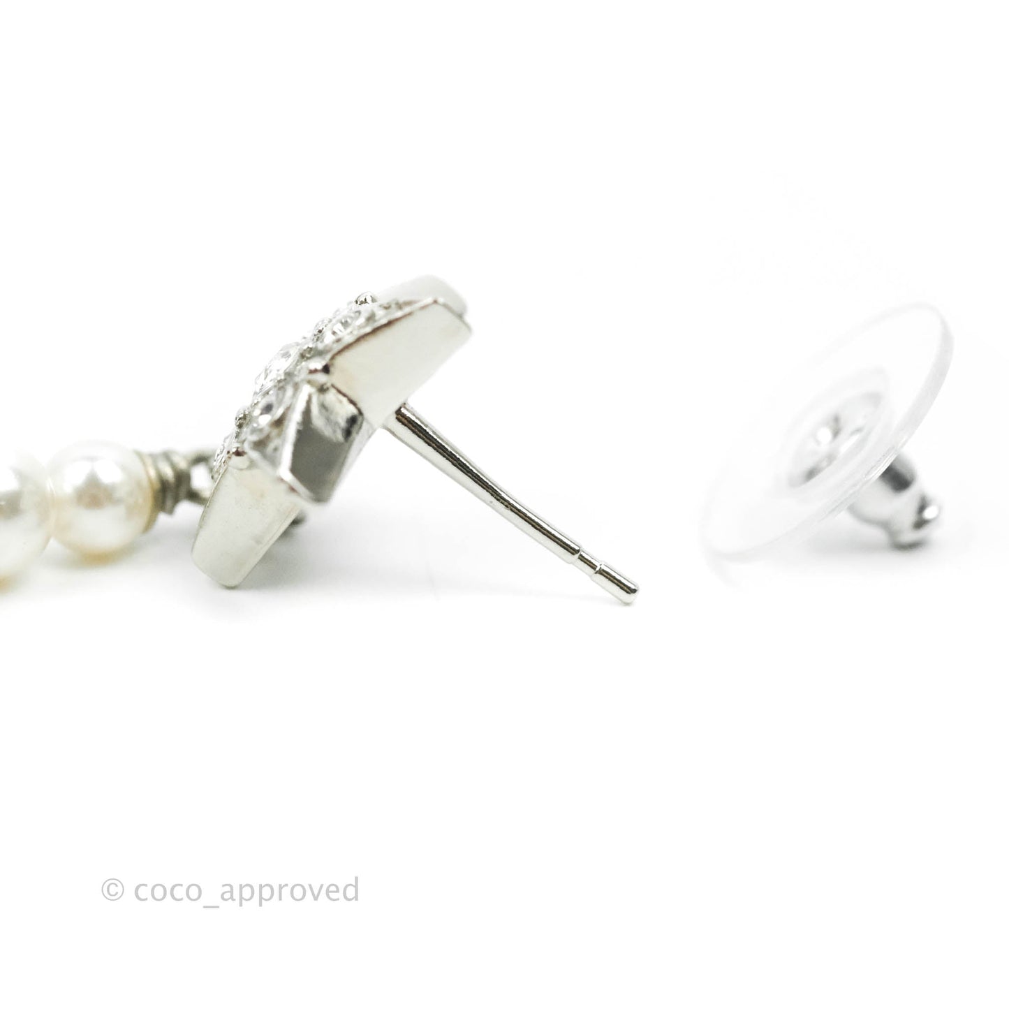 Chanel Crystal Pearl CC Star Drop Earrings Silver 20P