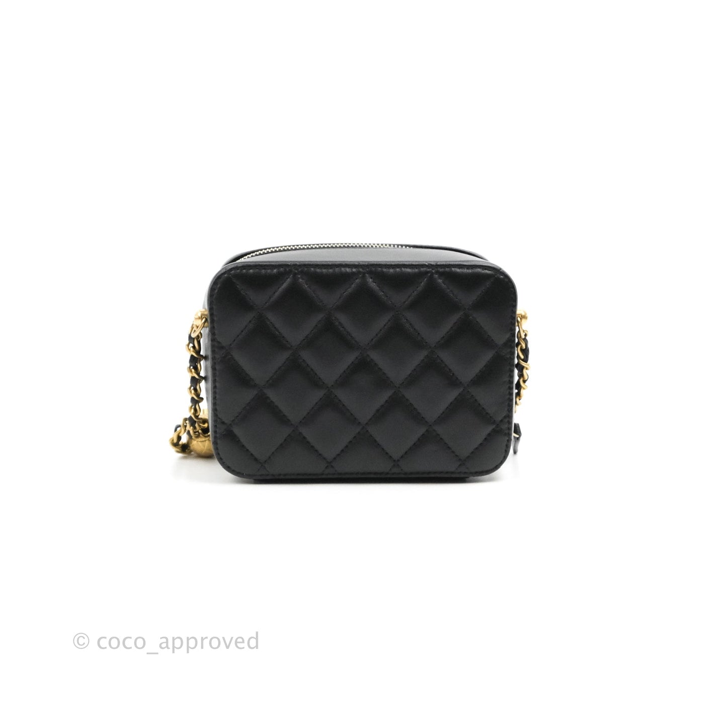 Chanel Mini Pearl Crush Quilted Camera Case Black Lambskin Aged Gold Hardware