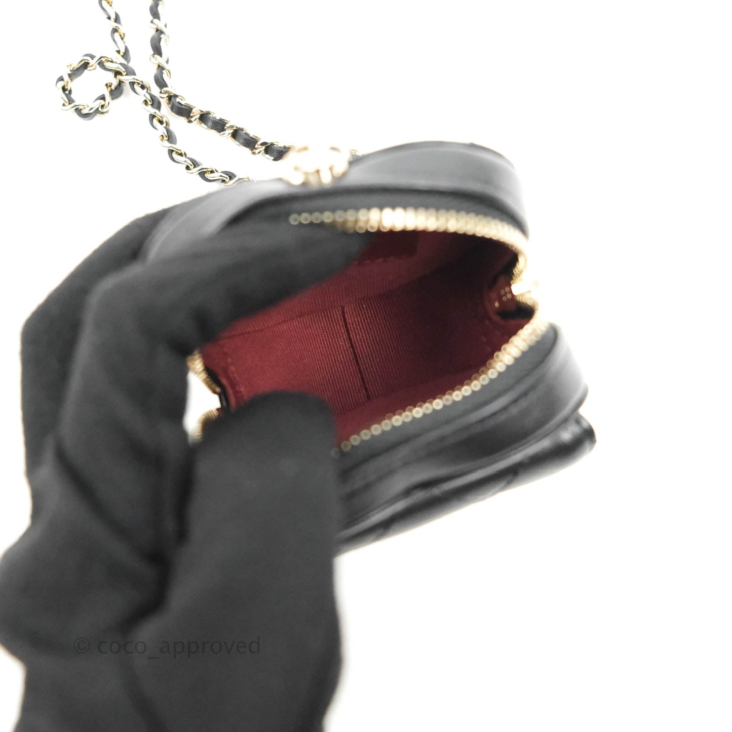 Chanel Small Heart Coin Purse Necklace Black Lambskin Gold Hardware 22S