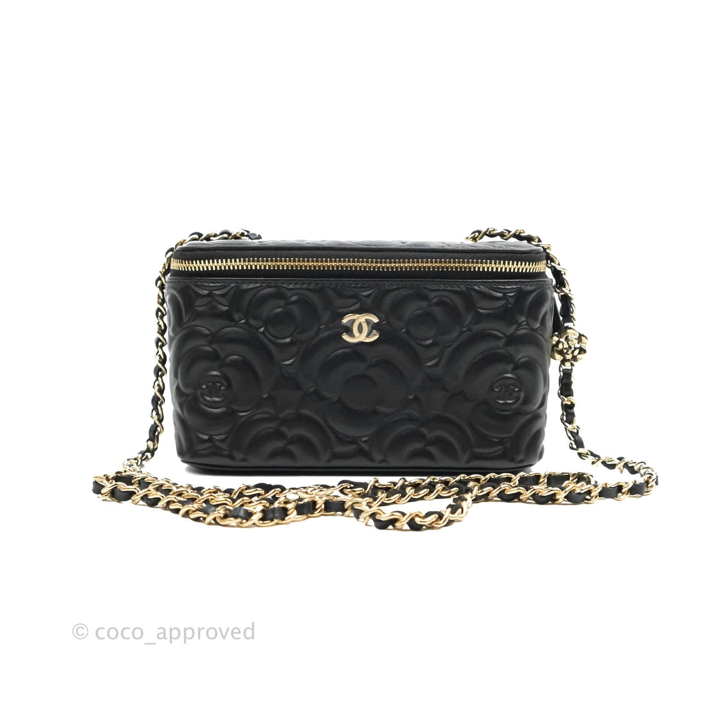 Chanel Vanity Rectangular Camellia Embossed Black Lambskin Gold Hardware