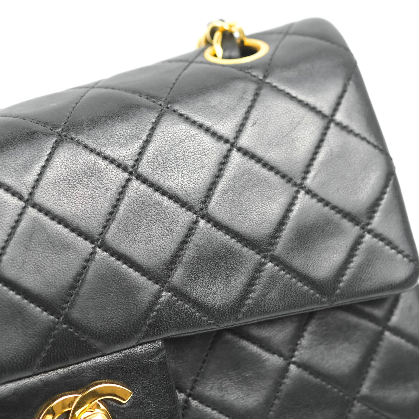 Chanel Vintage Classic S/M Small Double Flap Bag Black Lambskin 24K Gold Hardware