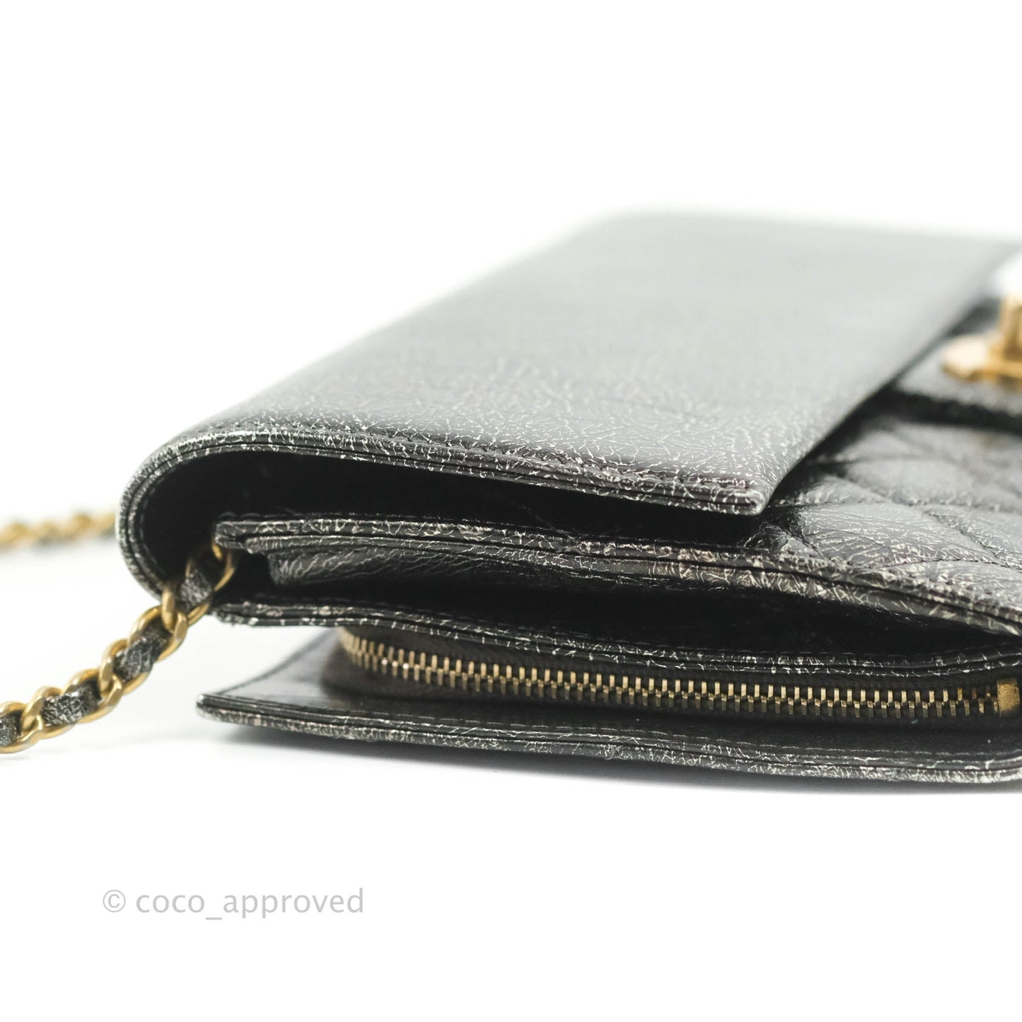 Chanel Cracked Metallic Calfskin Quilted Zip Away Chain Clutch Dark Silver Aged Gold Hardware